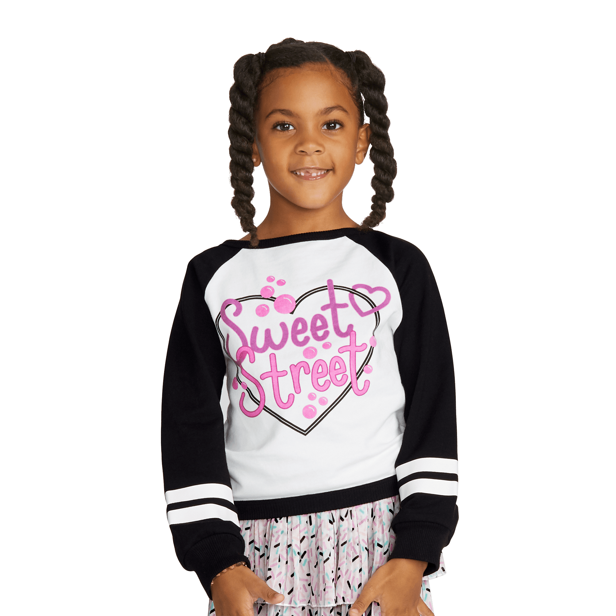 Sweet Street Girls' Glitter Pink Sweatshirt with Black Raglan Sleeves