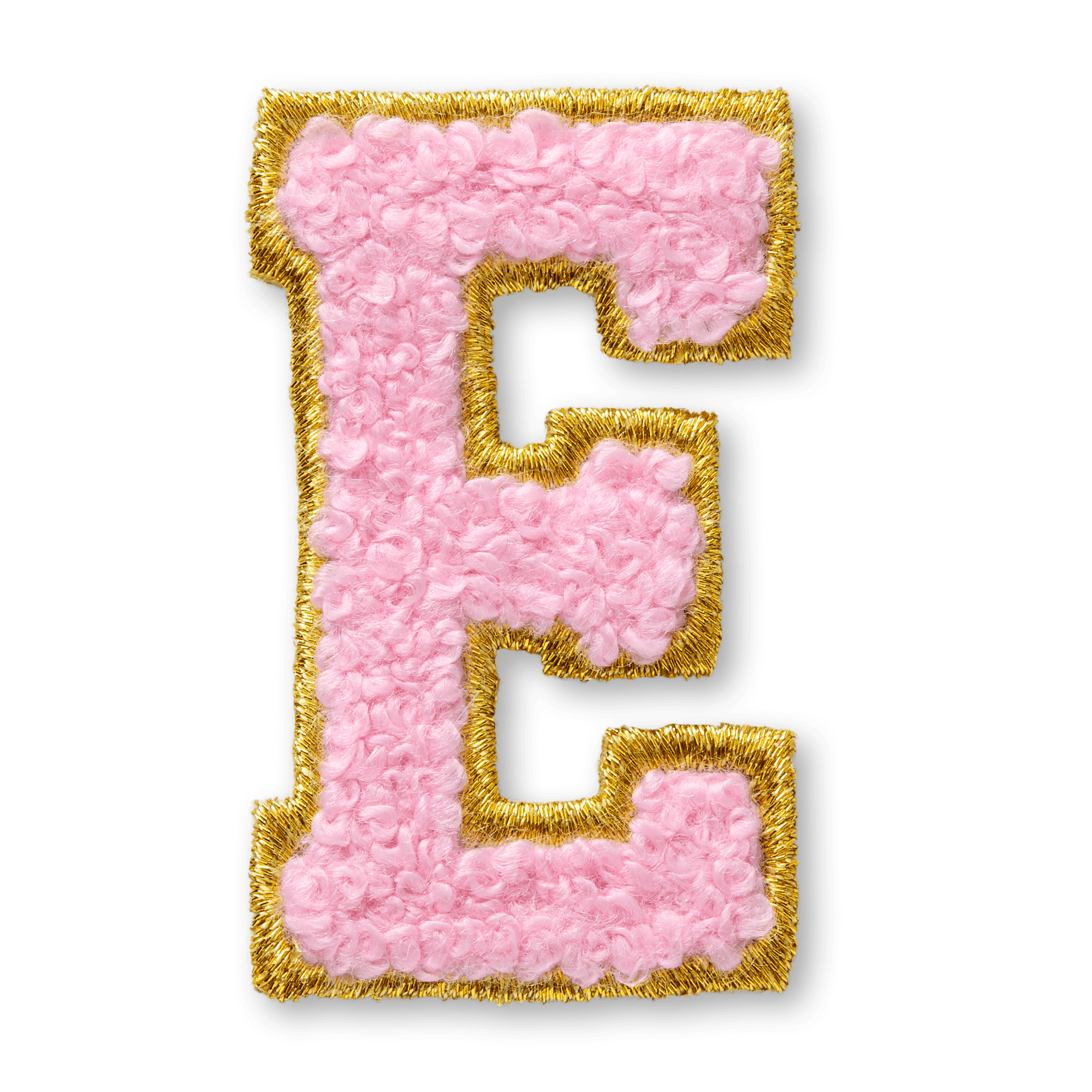 AG™ Adhesive Letter E Patch - Light Pink Chenille with Gold Embroidery