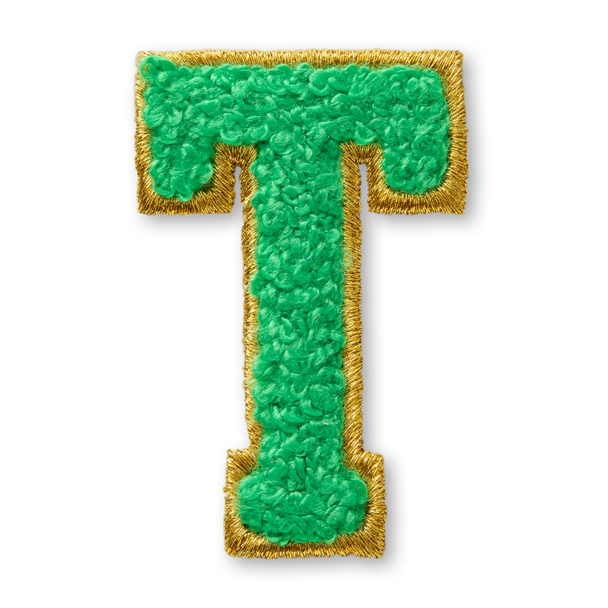 AG™ Green Chenille Letter T Patch with Gold Embroidered Edge