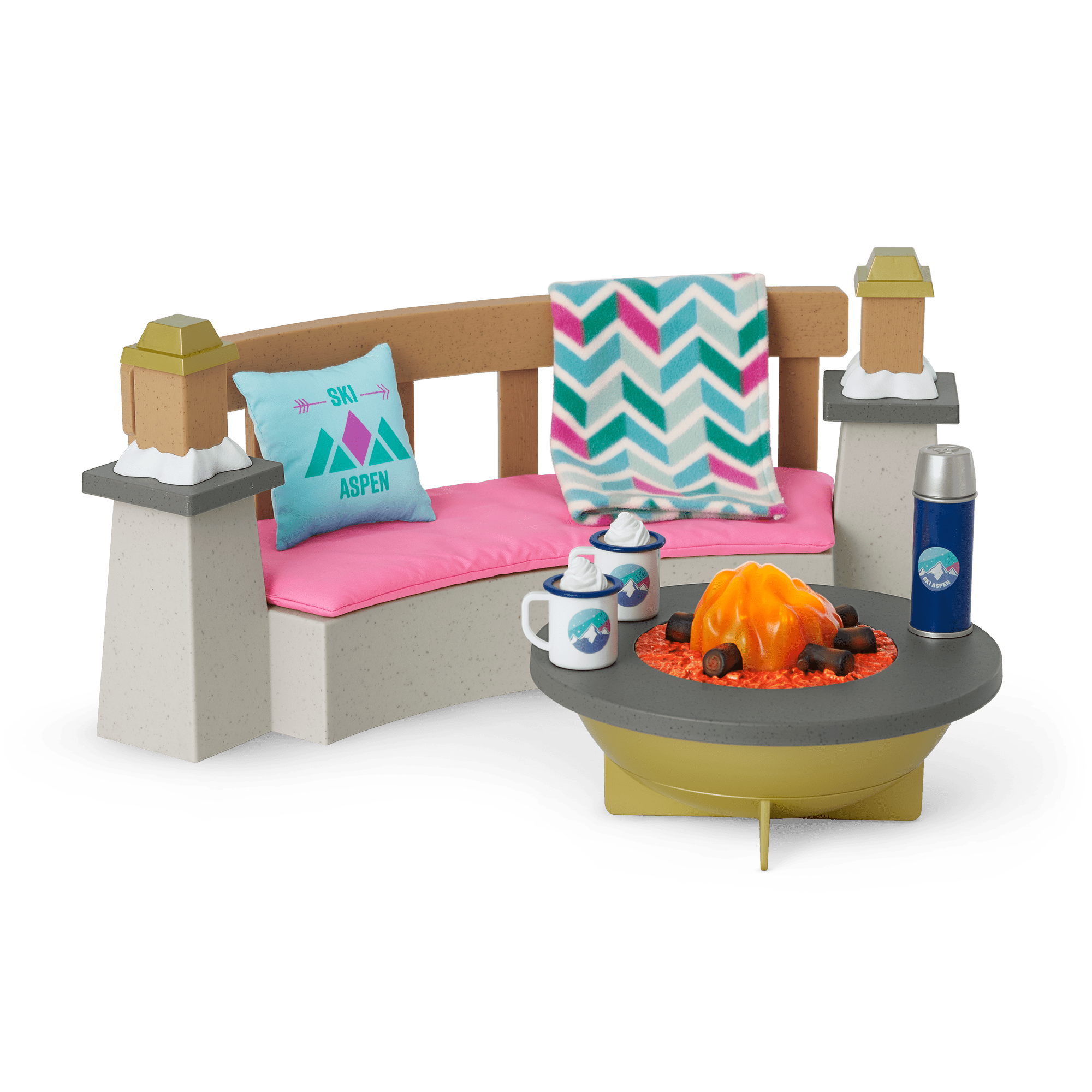 Corinne’s Ski Lodge Doll Fire Pit with LED Flames & Bench