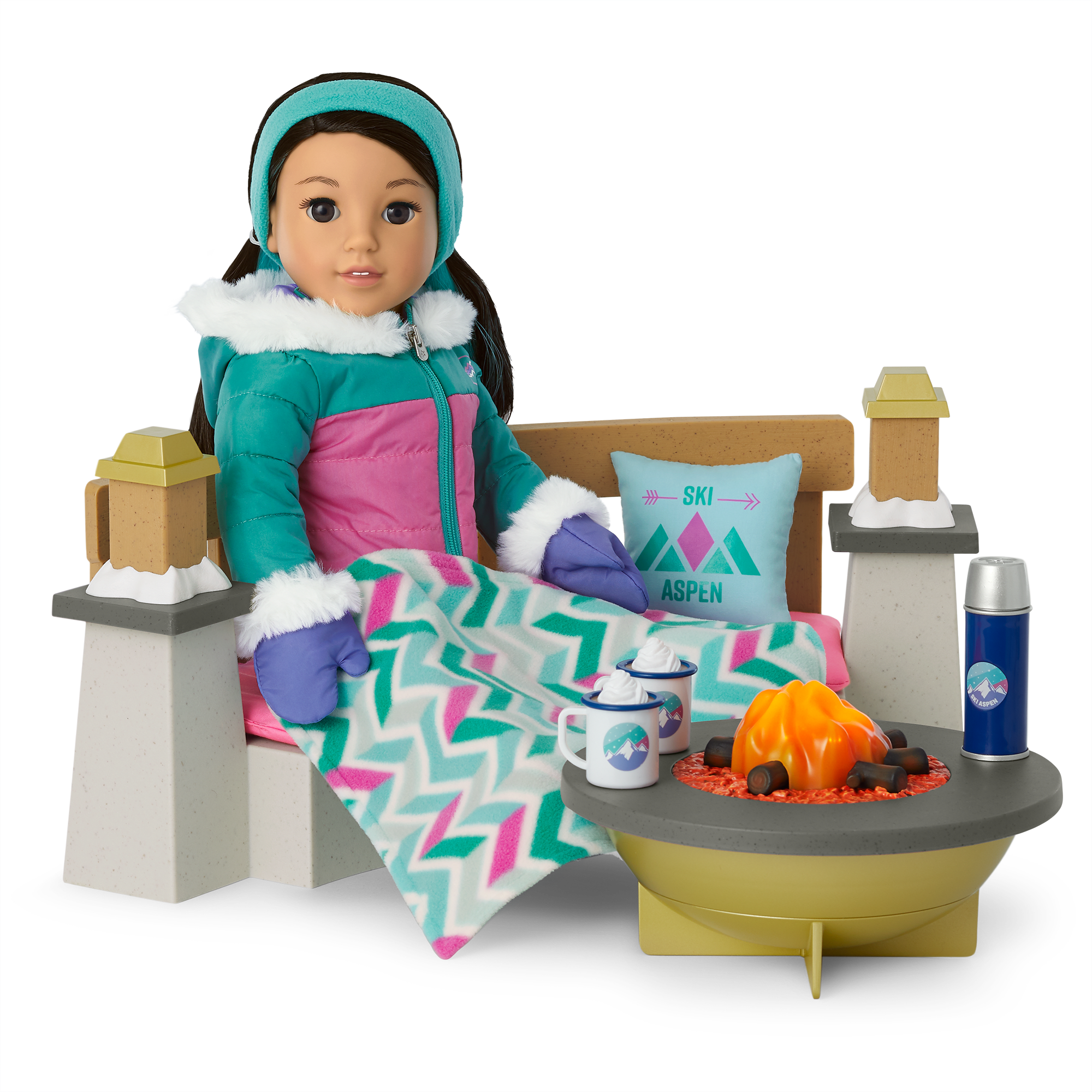 Corinne’s Ski Lodge Doll Fire Pit with LED Flames & Bench