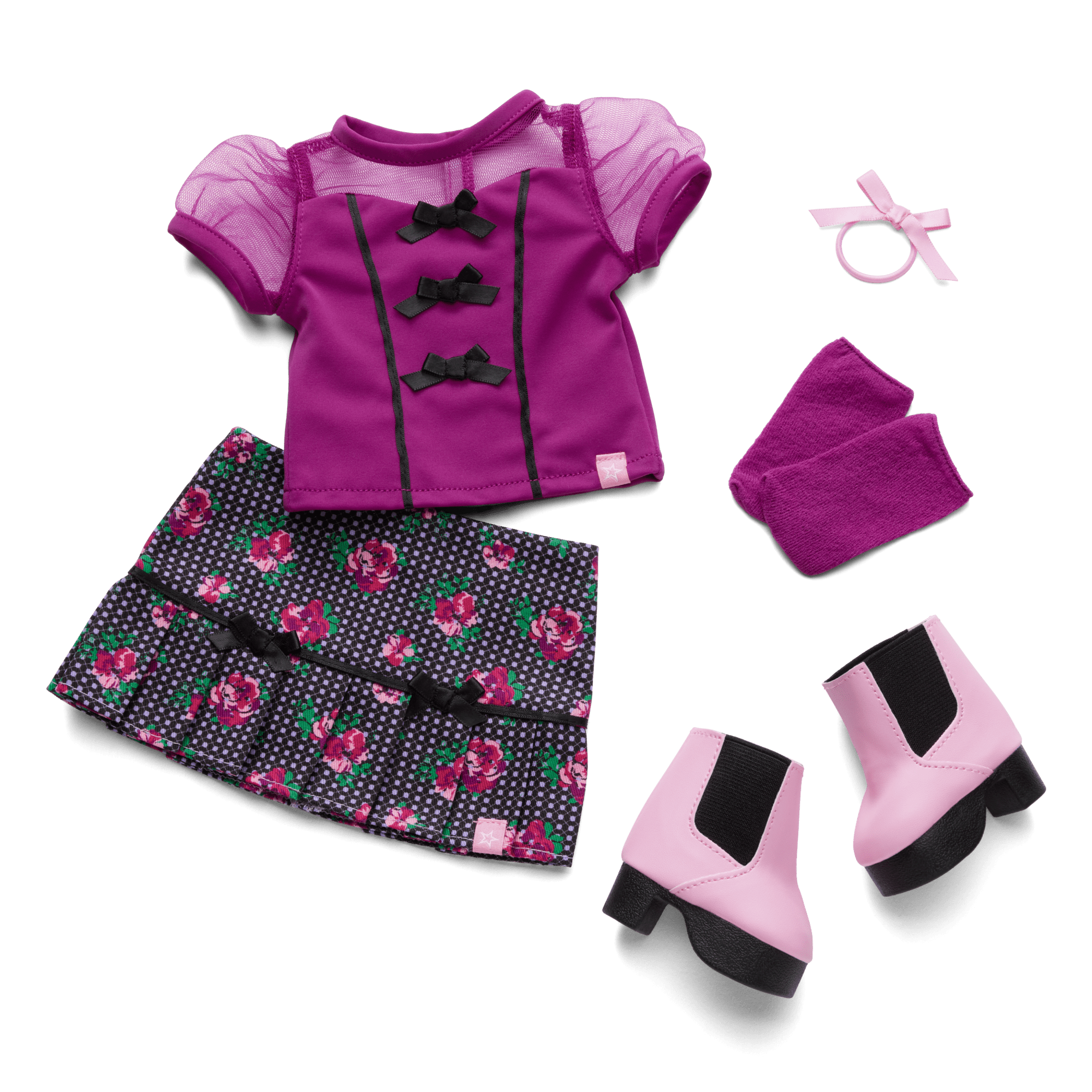 18-inch Doll Outfit with Floral Skirt & Bows - 5-Piece Set