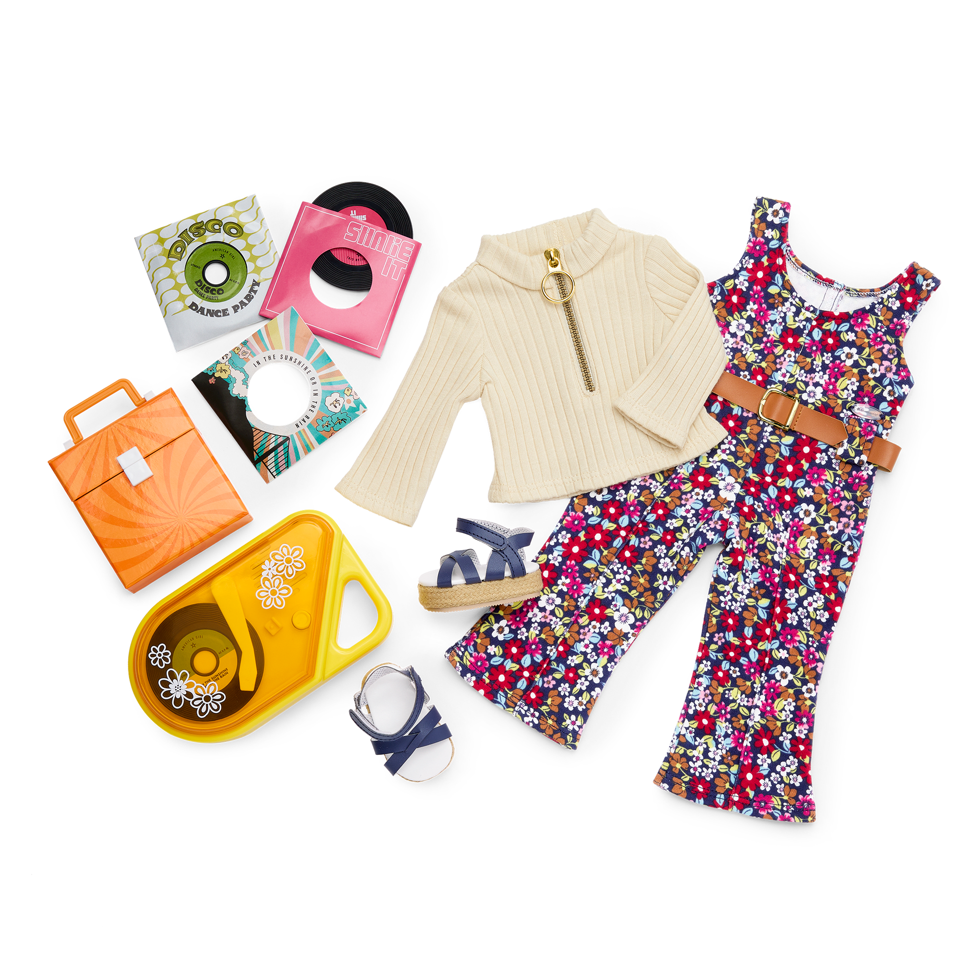 Julie's 1970s Doll Music Bundle with Floral Jumpsuit & Record Player