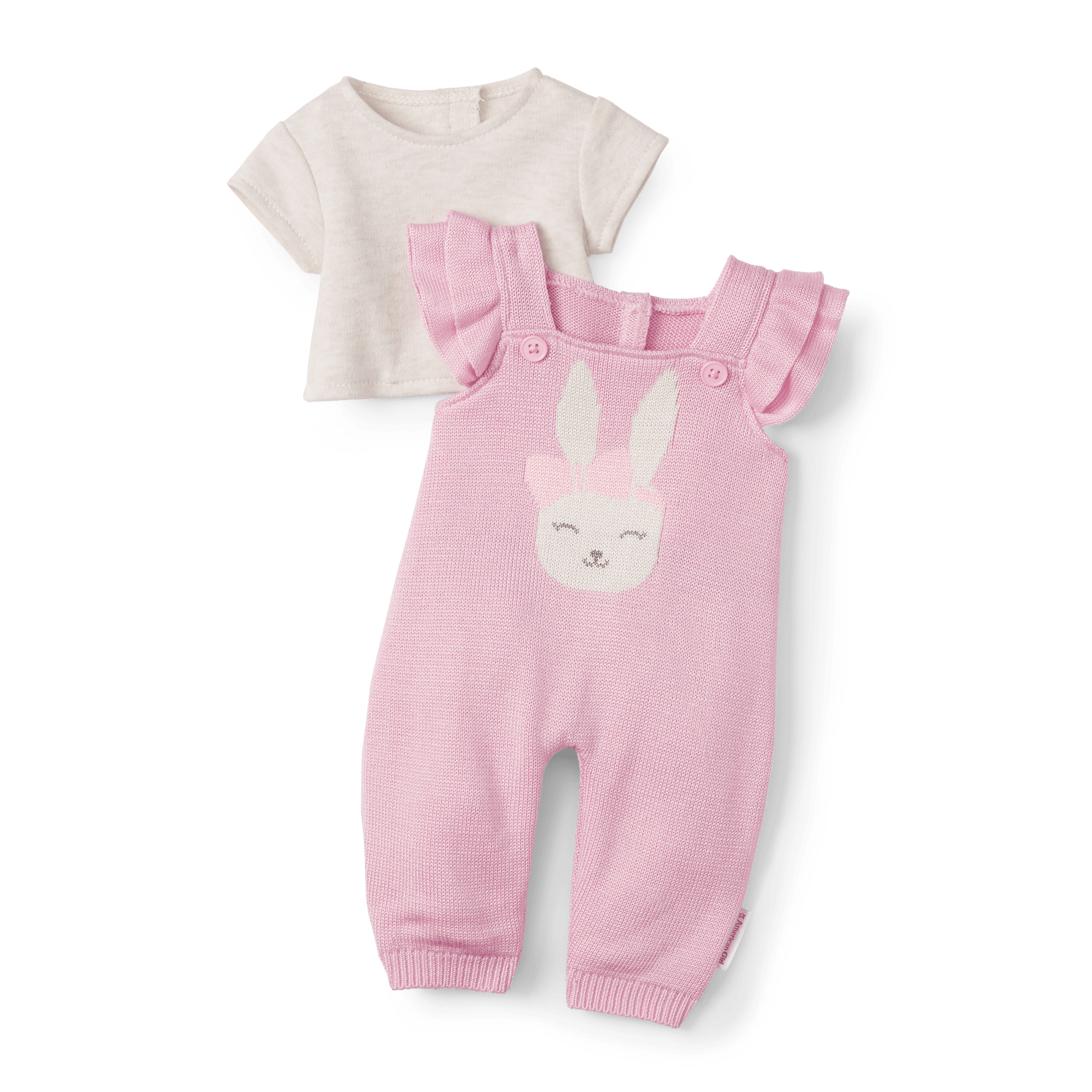 Pink Bunny Overalls Set for Bitty Baby Dolls with Ruffles & Tee