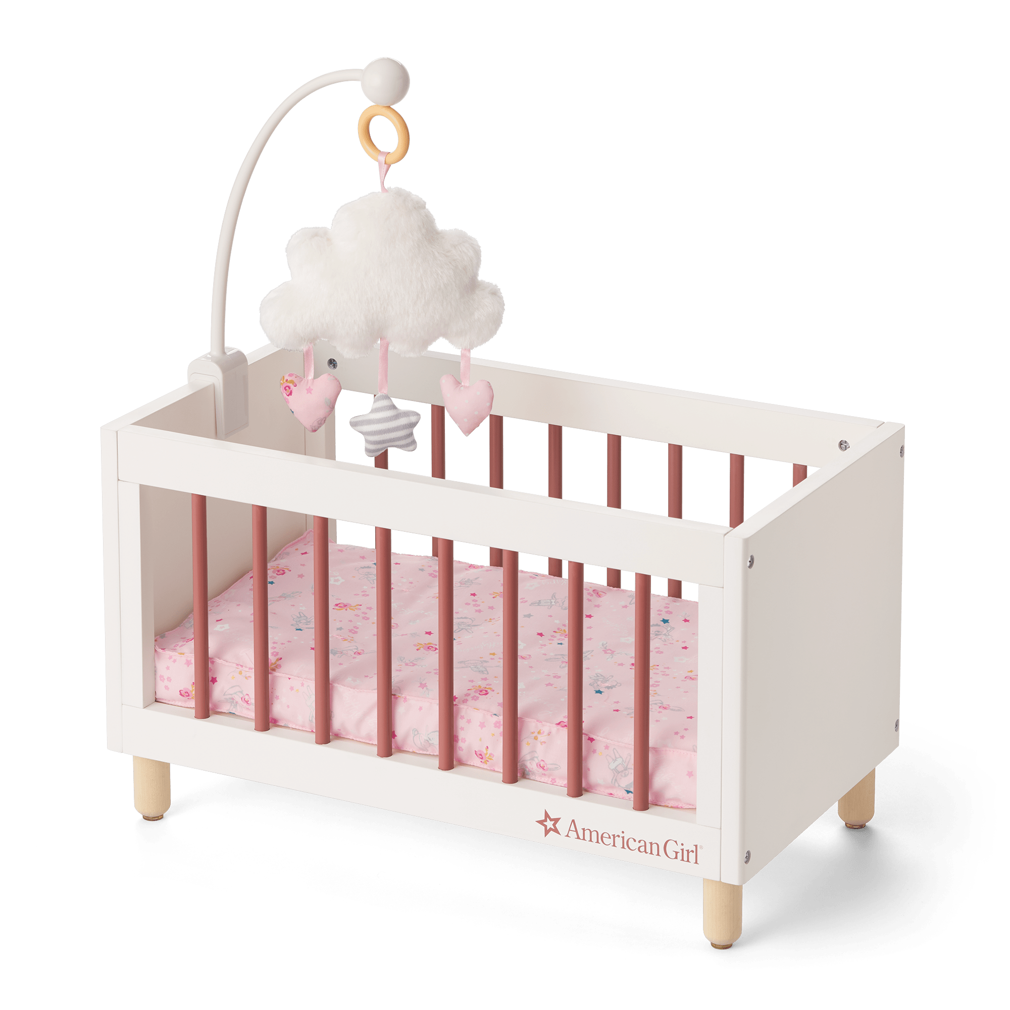 Bitty Baby Scandinavian Wooden Crib with Floral Mattress & Mobile
