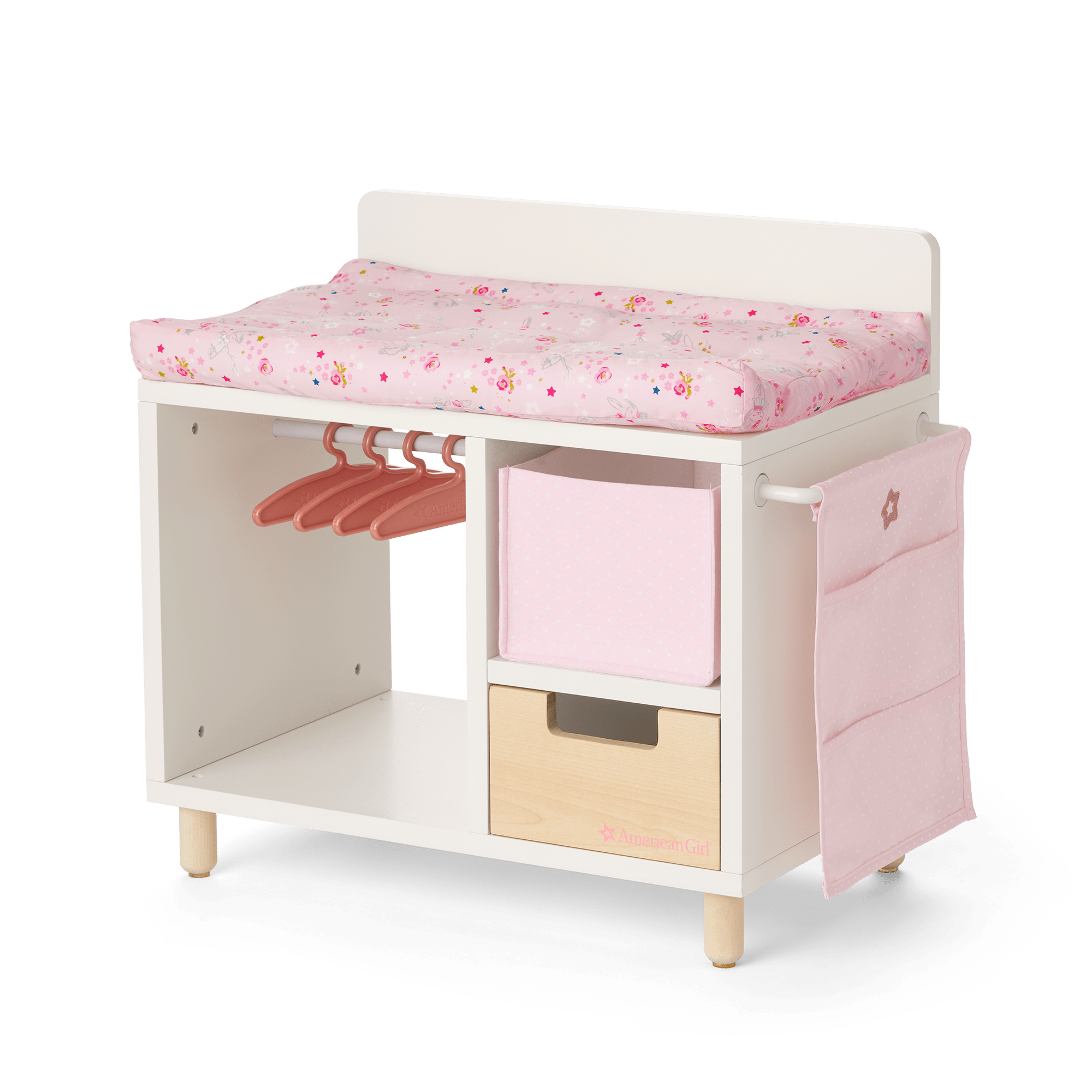 Modern Changing Table with Storage & Rose Gold Hangers - Dots & Blooms