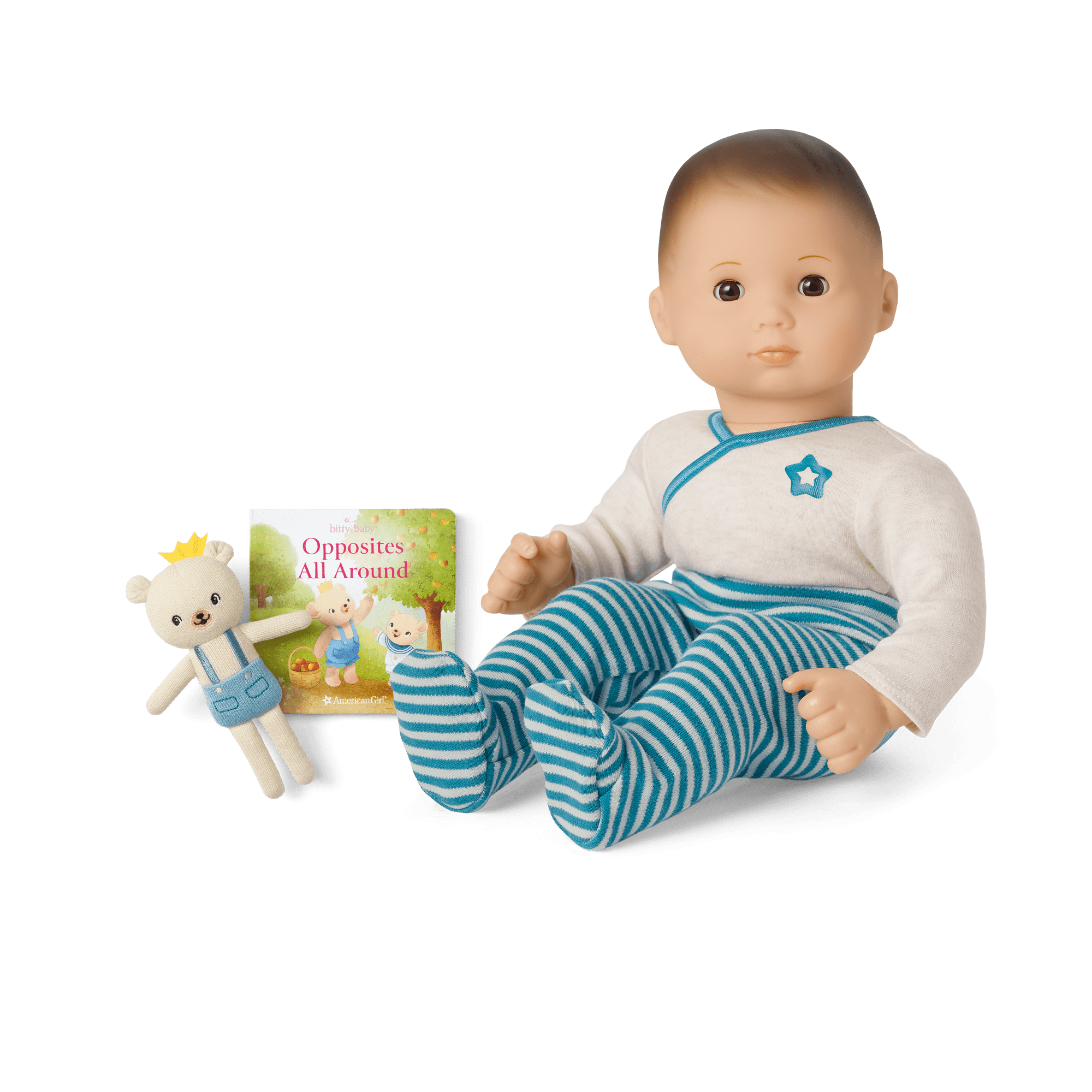 Bitty Baby Doll with Bear & Book - Blue Outfit, 15" Soft Vinyl