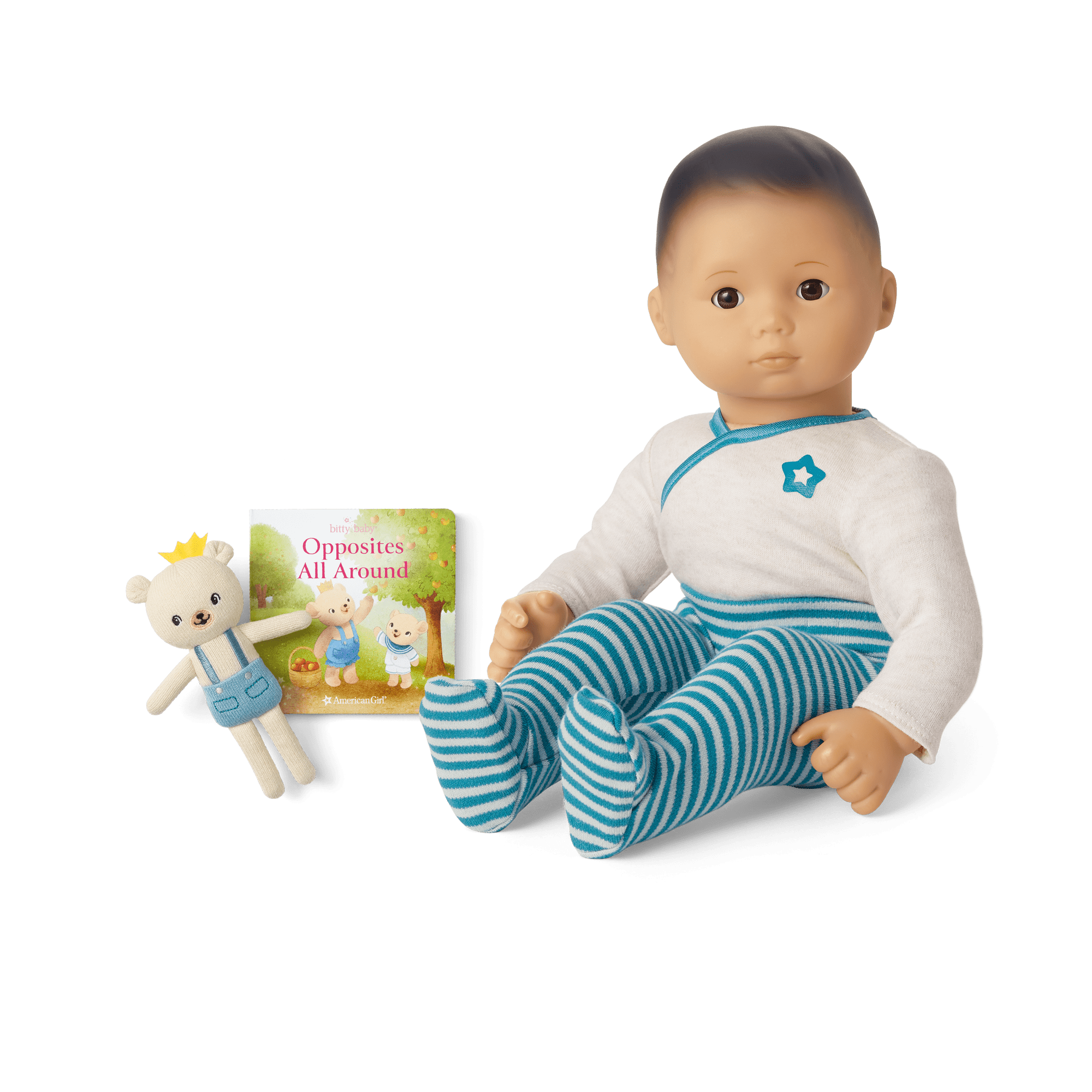 Bitty Baby Doll with Blue Outfit, Bear & Book – 15" Soft Doll
