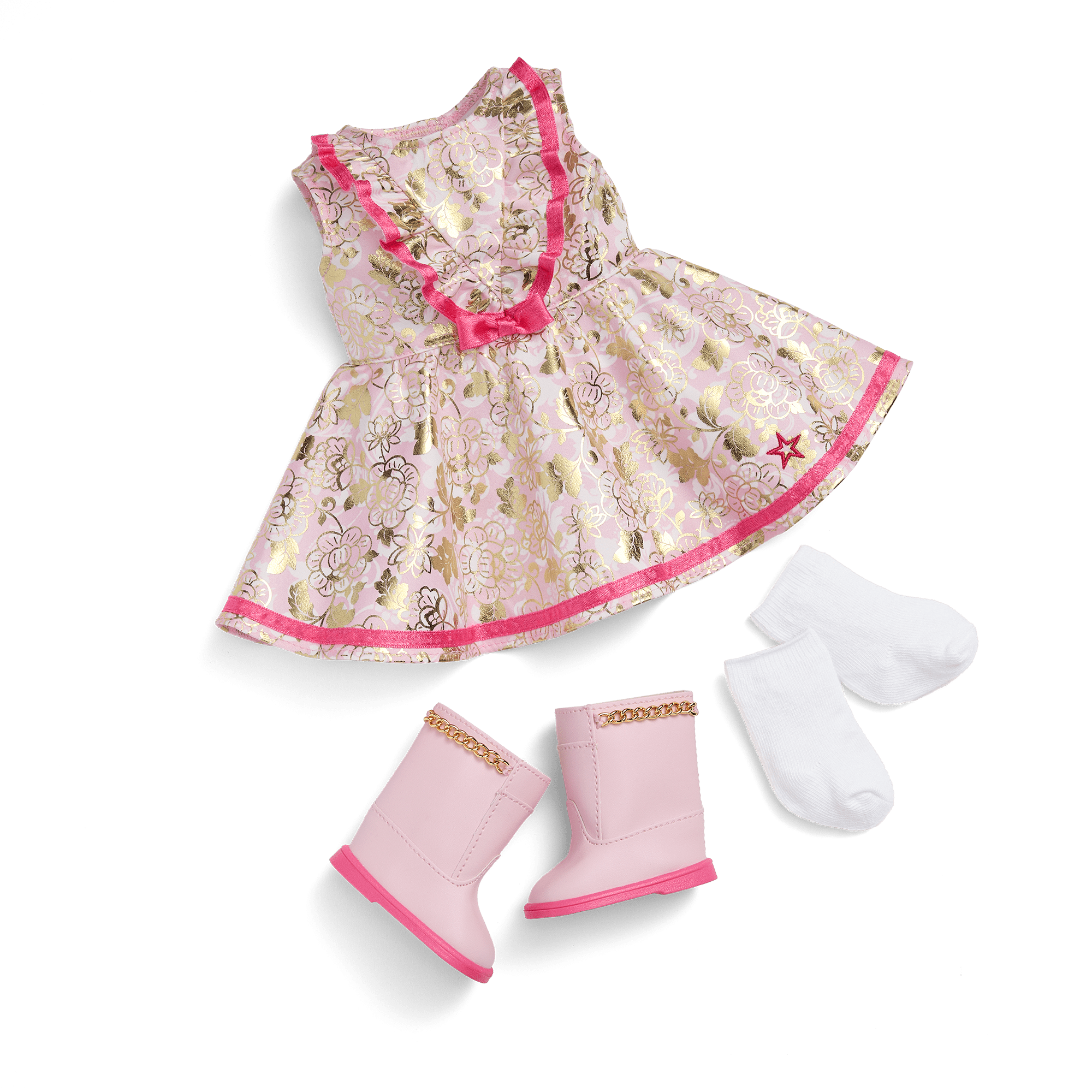 Floral Dress Outfit for 18-inch Dolls with Pink Boots