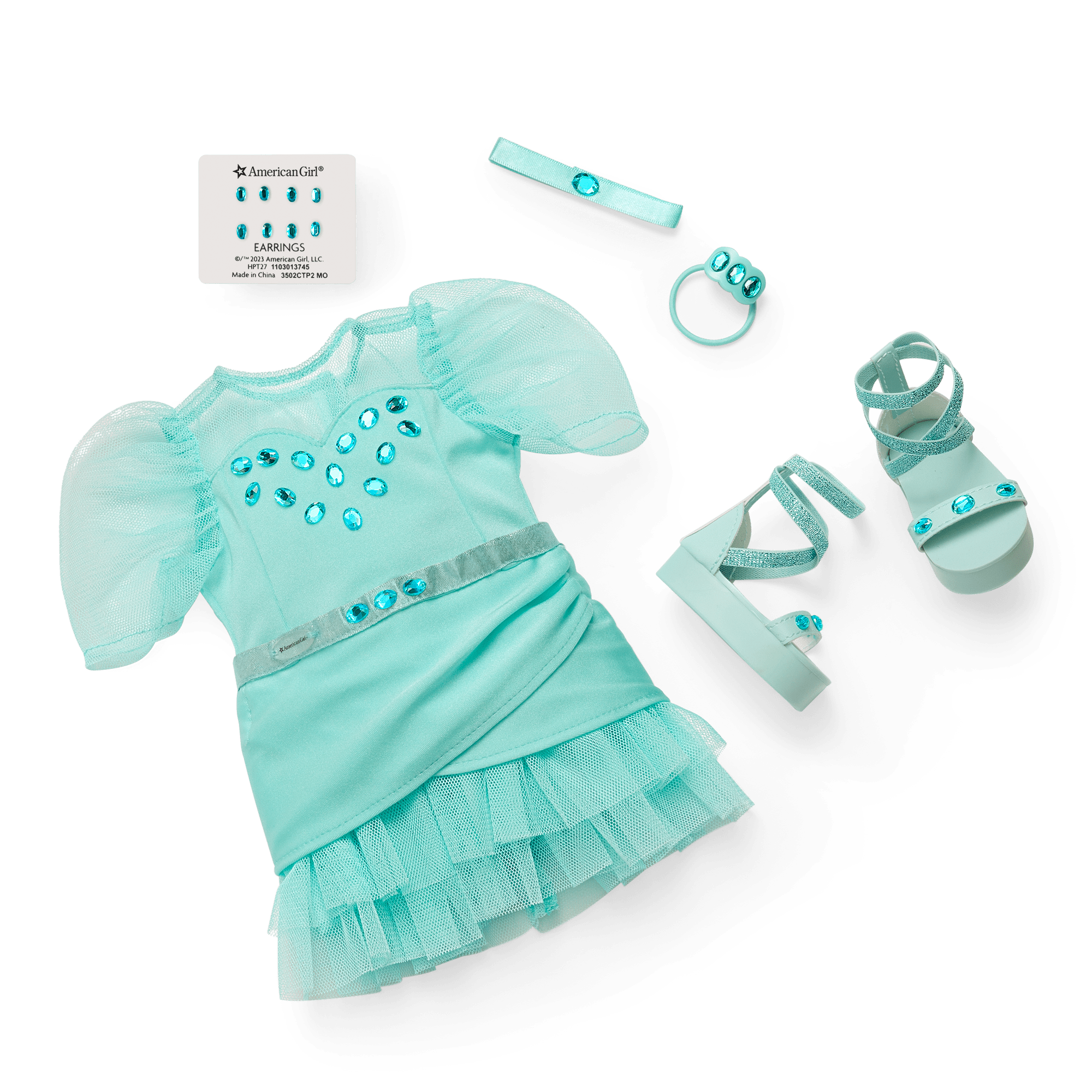 Aquamarine Doll Dress Outfit for 18-inch Dolls with Gemstones