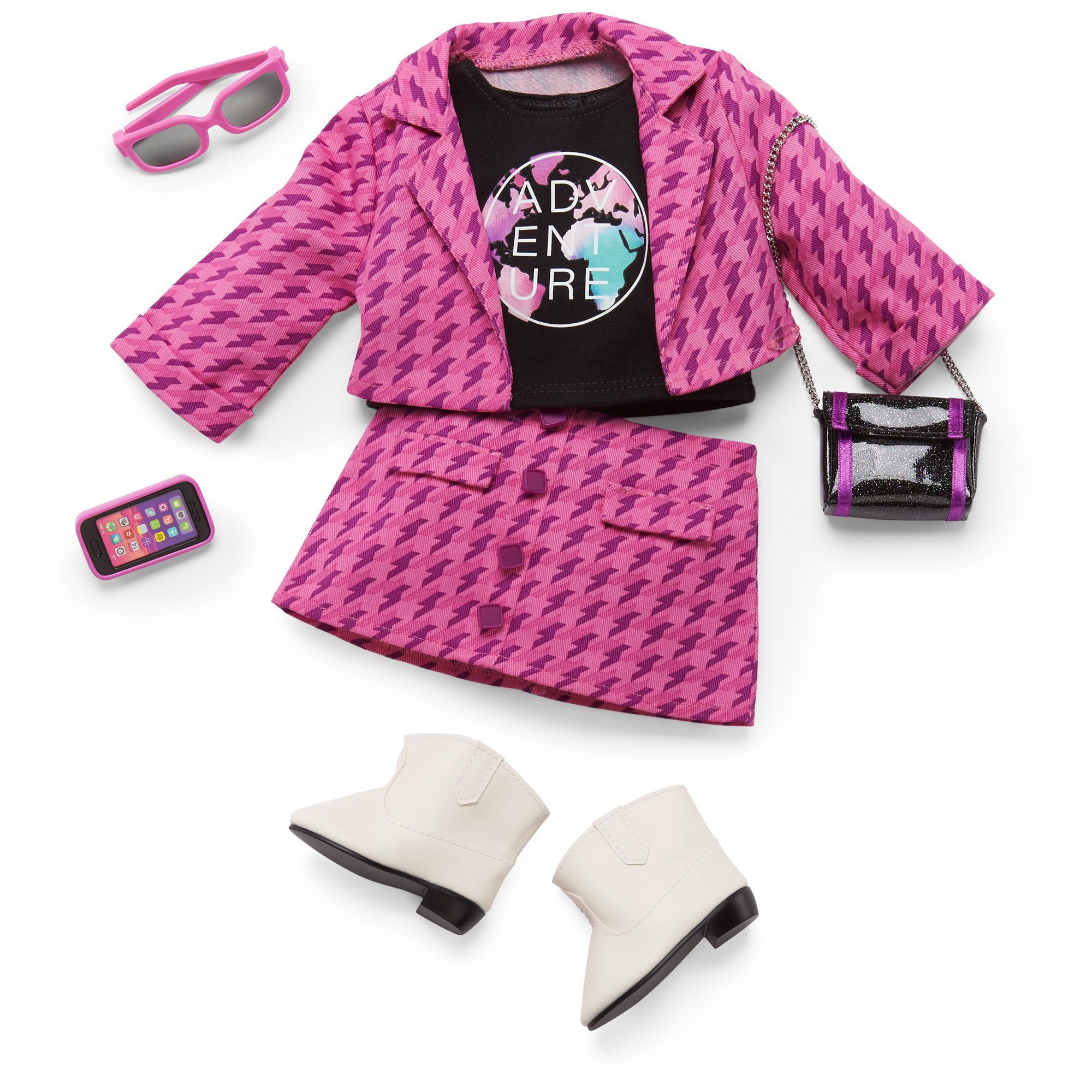 18-Inch Doll Travel Outfit - Purple Houndstooth Jacket & Skirt Set