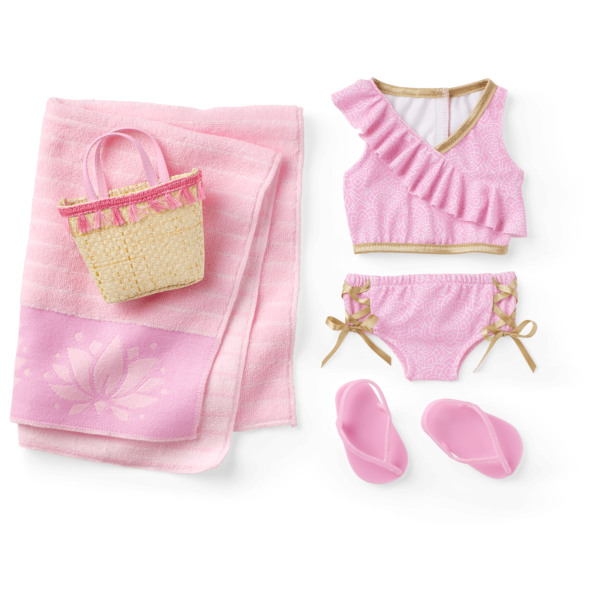 Rosy Resort Swimsuit Set for 18-inch Dolls with Towel & Tote
