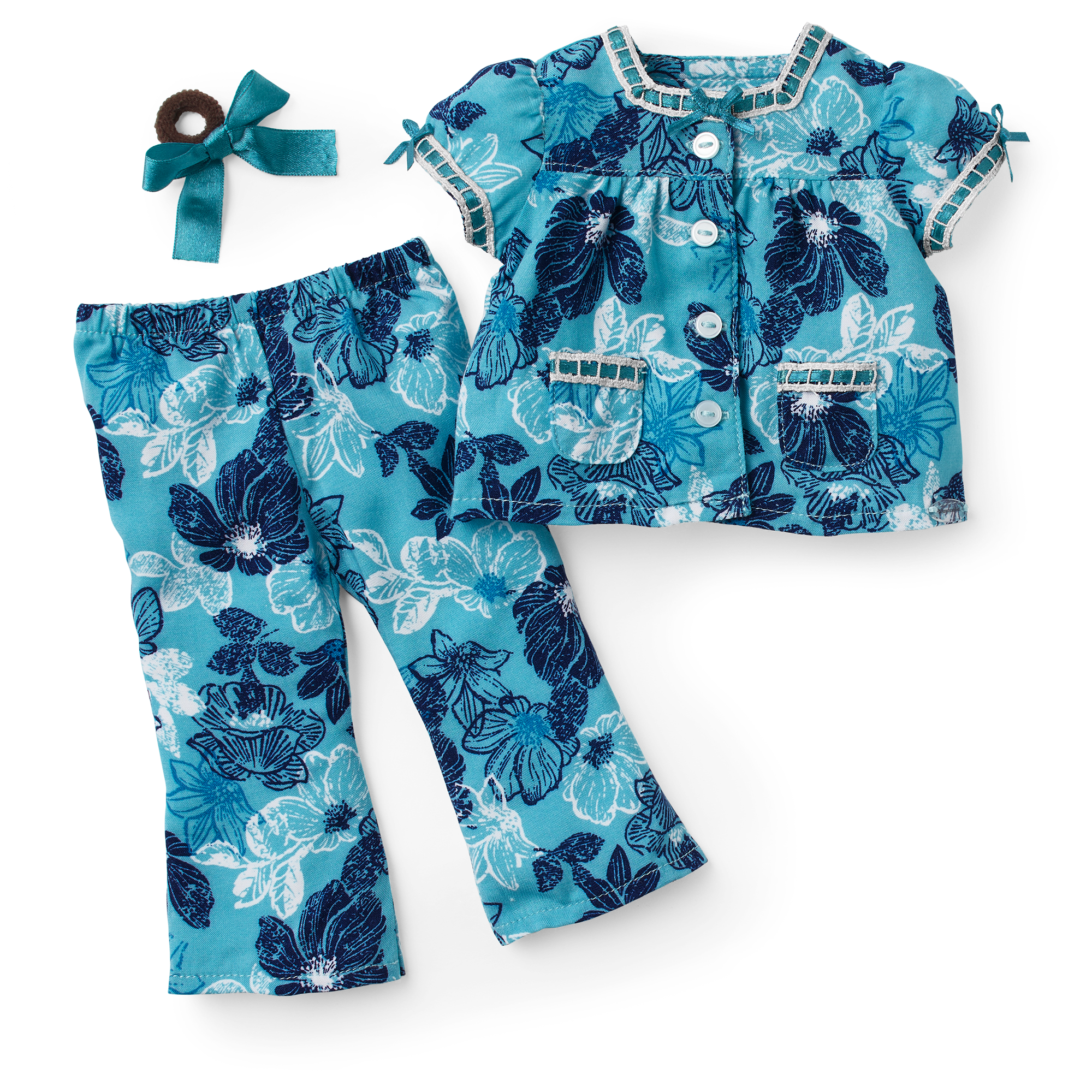 Nanea’s Floral Pajama Set for 18-inch Dolls - Blue Lace Trim
