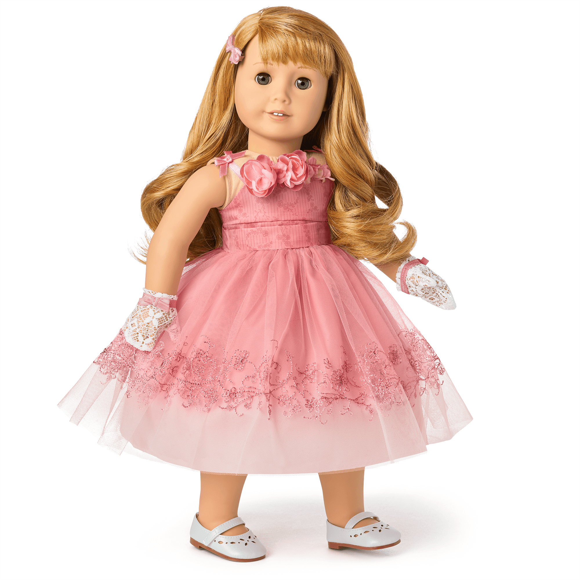 Maryellen’s 18-inch Doll Pink Prom Dress with Tulle & Lace Gloves