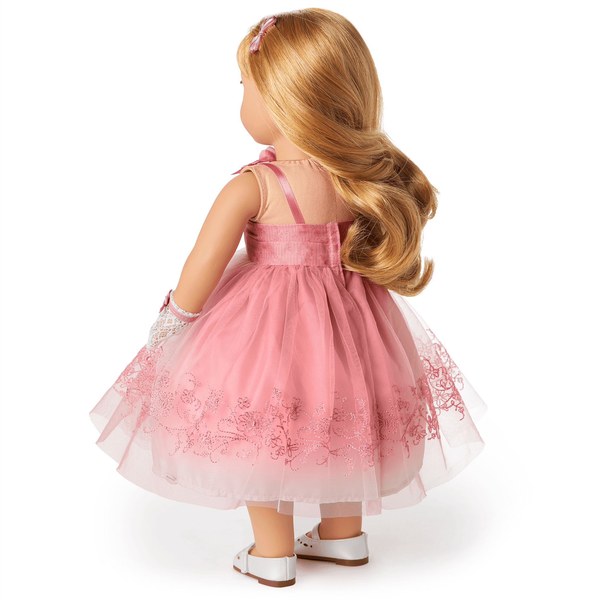 Maryellen’s 18-inch Doll Pink Prom Dress with Tulle & Lace Gloves