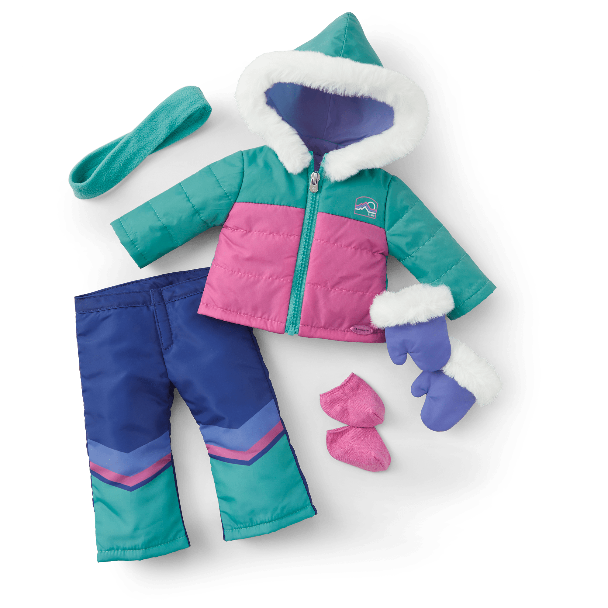 Pink & Aqua Ski Outfit Set with Faux-Fur Hood & Gloves