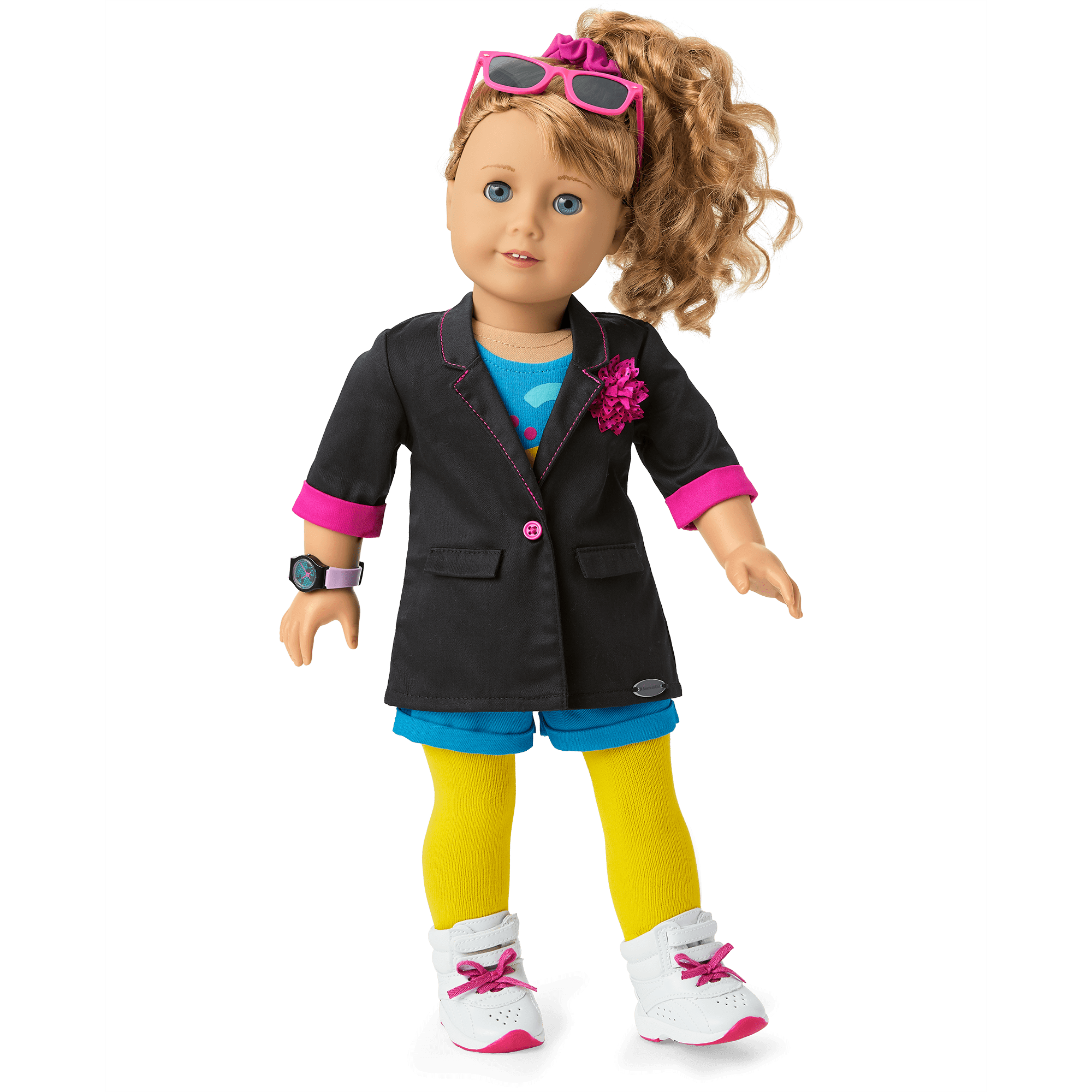 Courtney’s 18-inch Doll Blazer - 80s Style Oversized Black Jacket with Pink Details