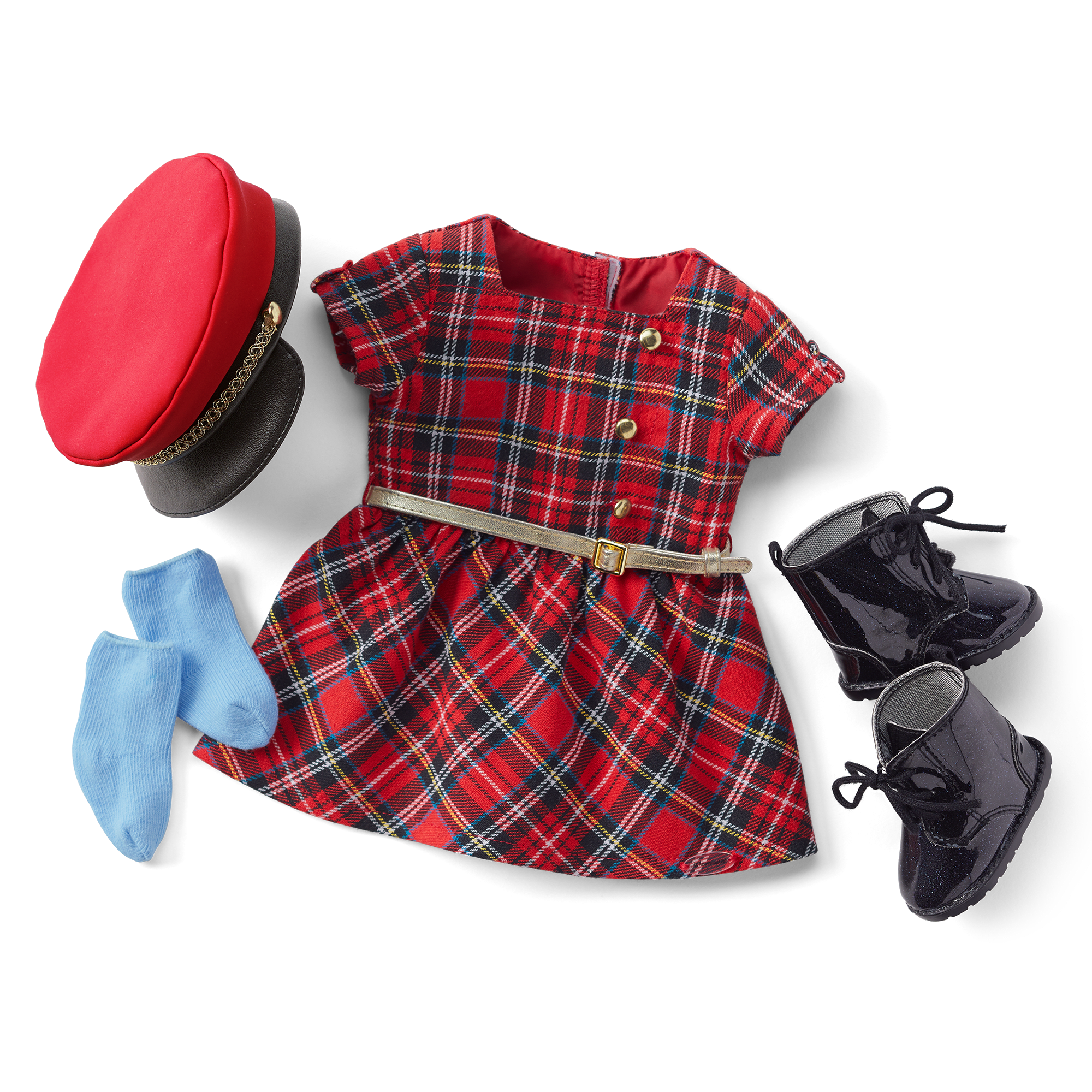 England-Inspired Travel Outfit: Red Plaid Dress with Gold Belt & Black Boots