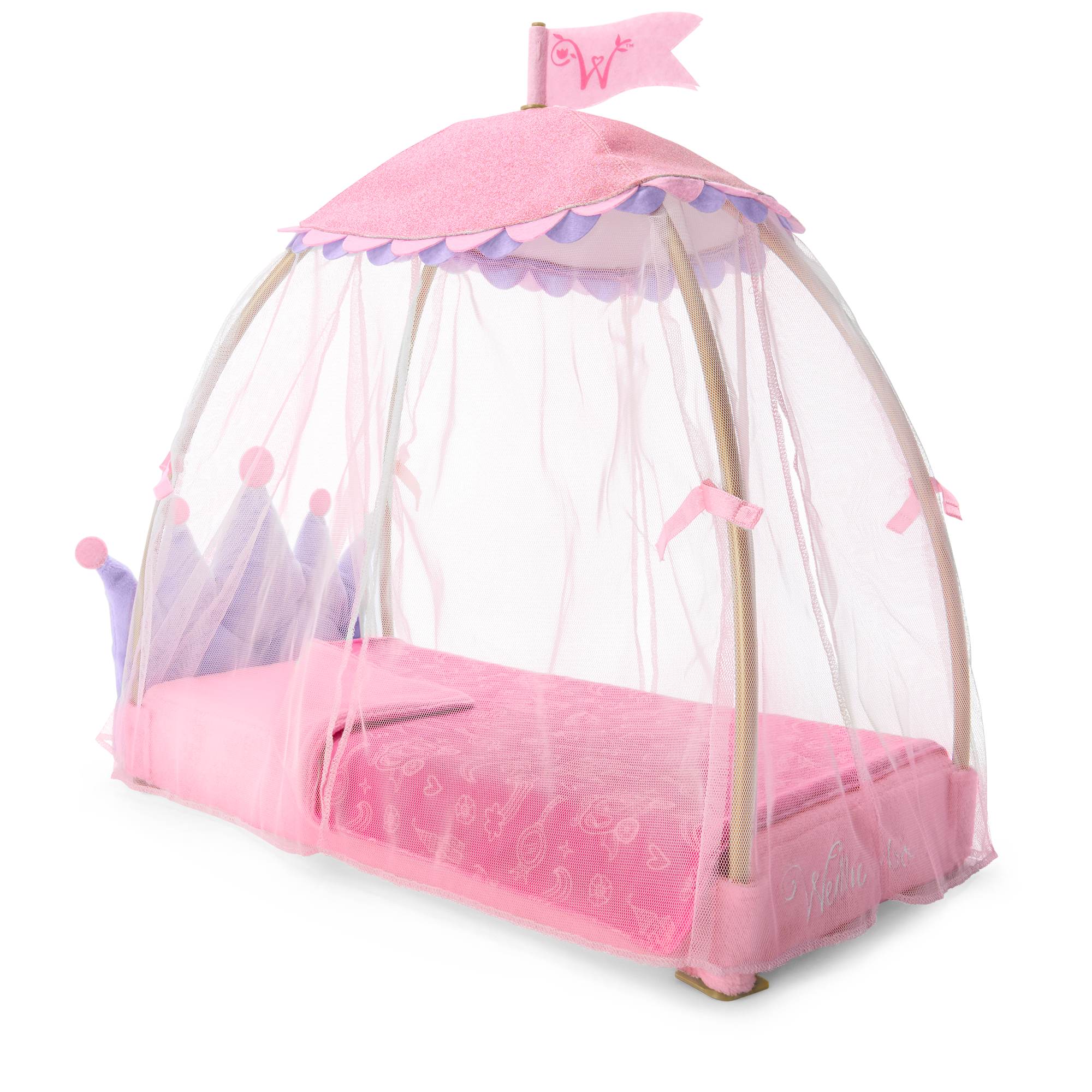 Royal Canopy Bed for WellieWishers™ Dolls with Plush Fabric & Sparkly Drapes