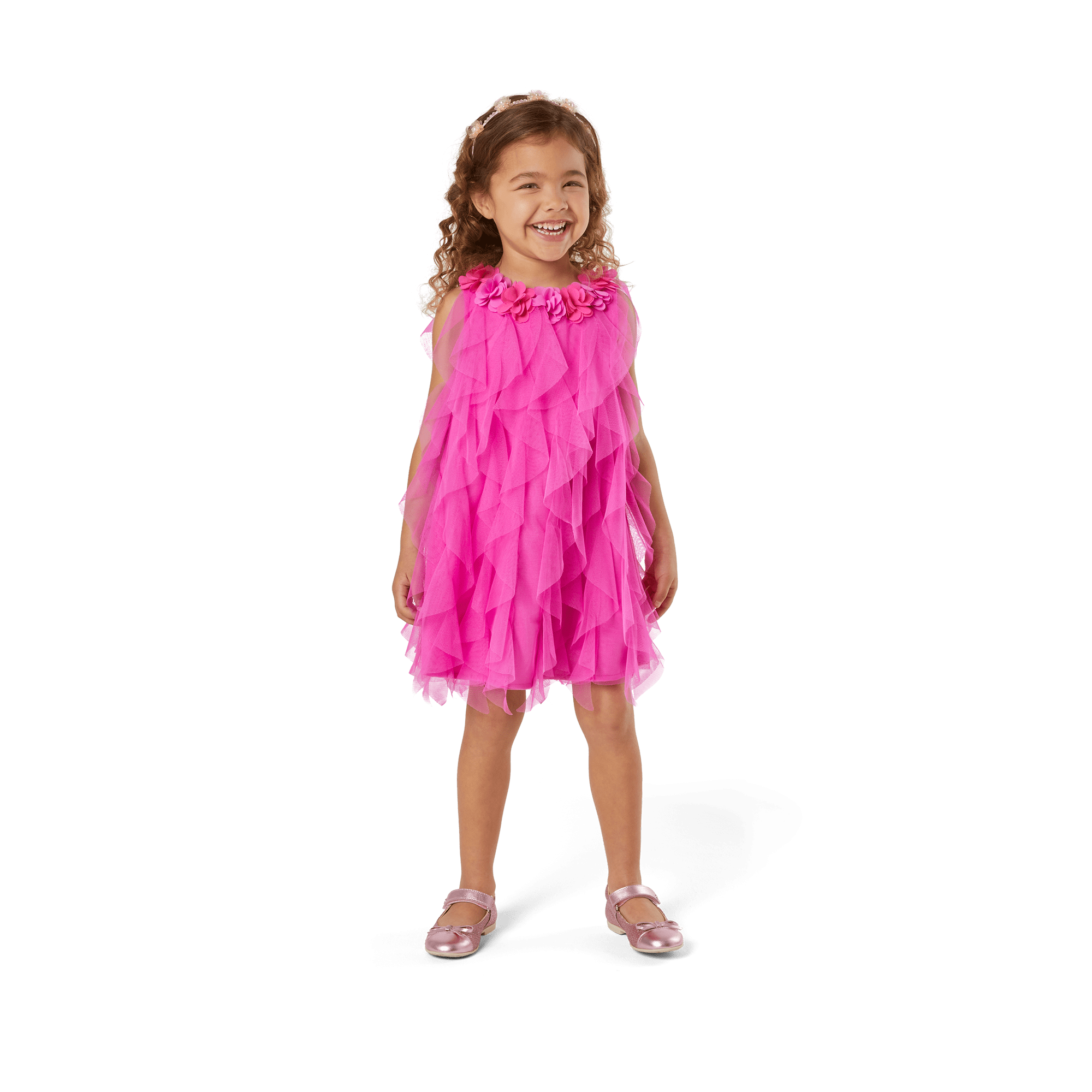 Pink Birthday Dress for Girls with Ruffles & Chiffon Flowers - Bitty Baby