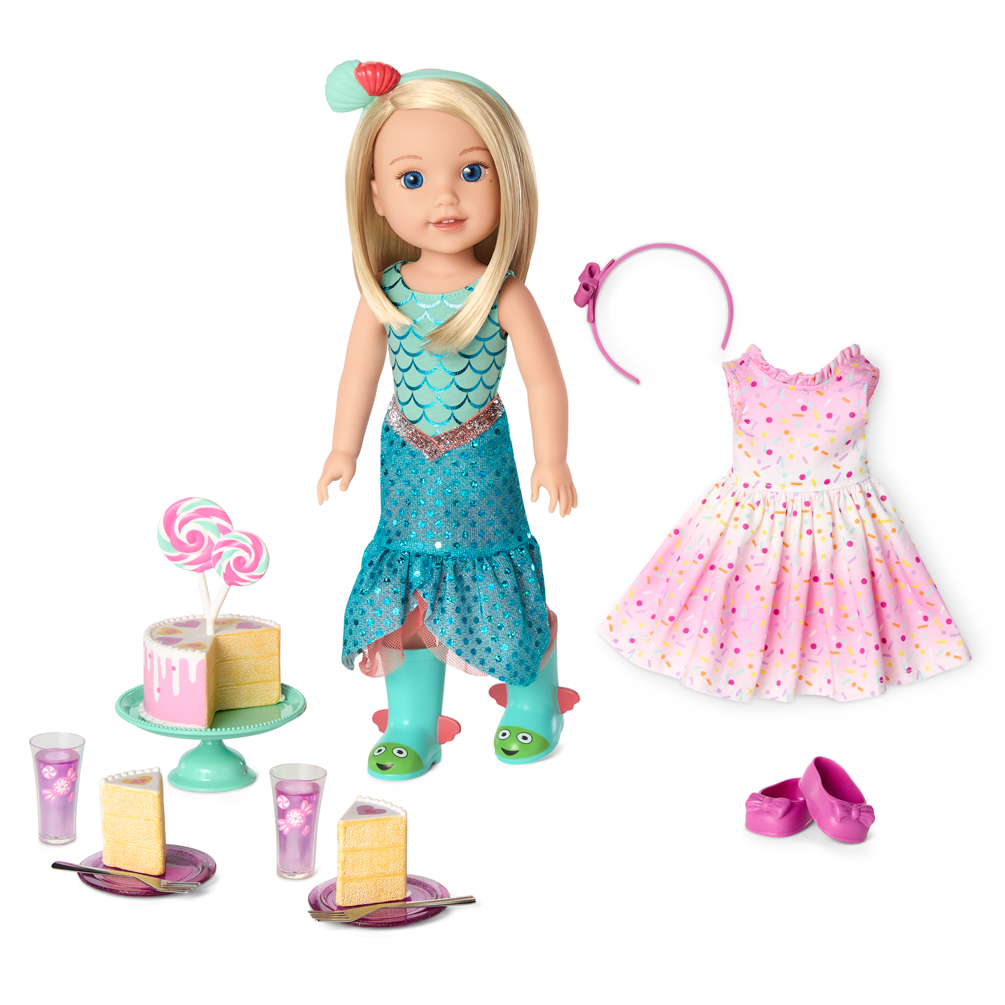WellieWishers Camille Doll Party Set with Mermaid Outfit & Cake Accessories