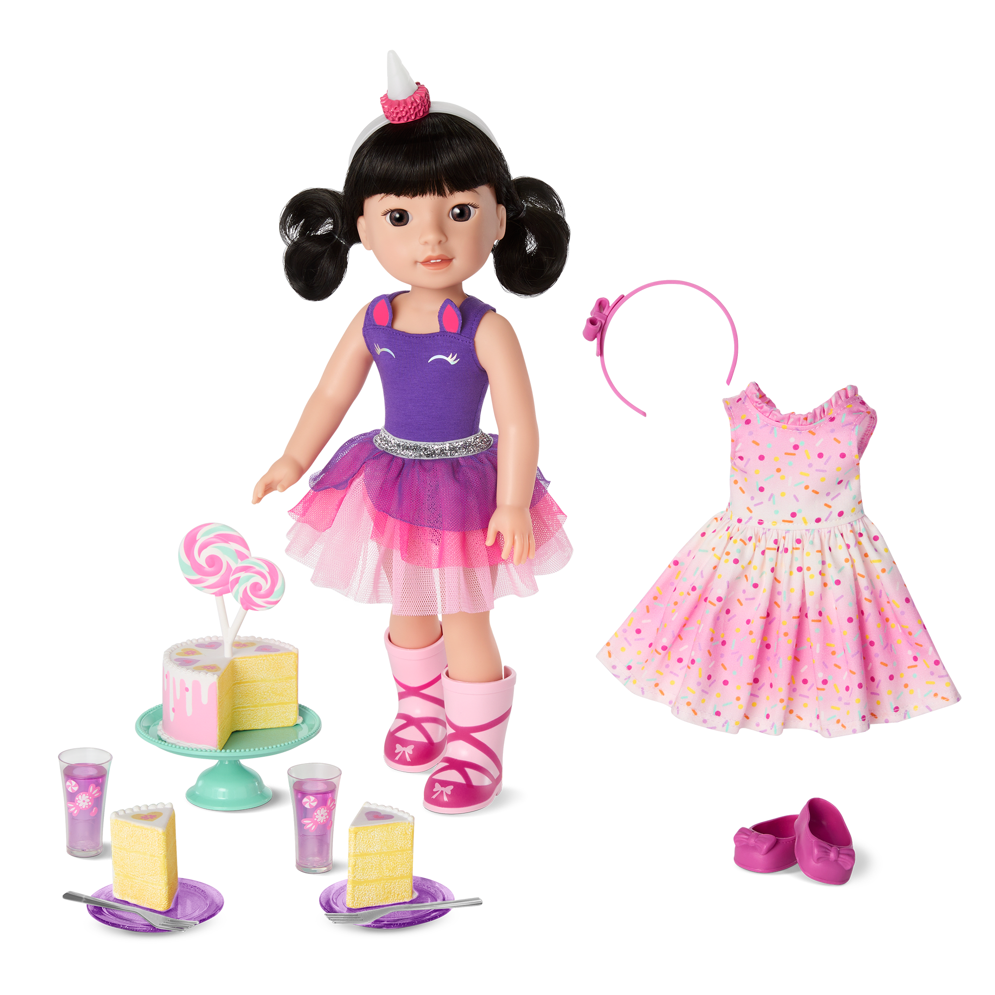 WellieWishers Emerson Doll Party Set with Unicorn Outfit & Cake Accessories