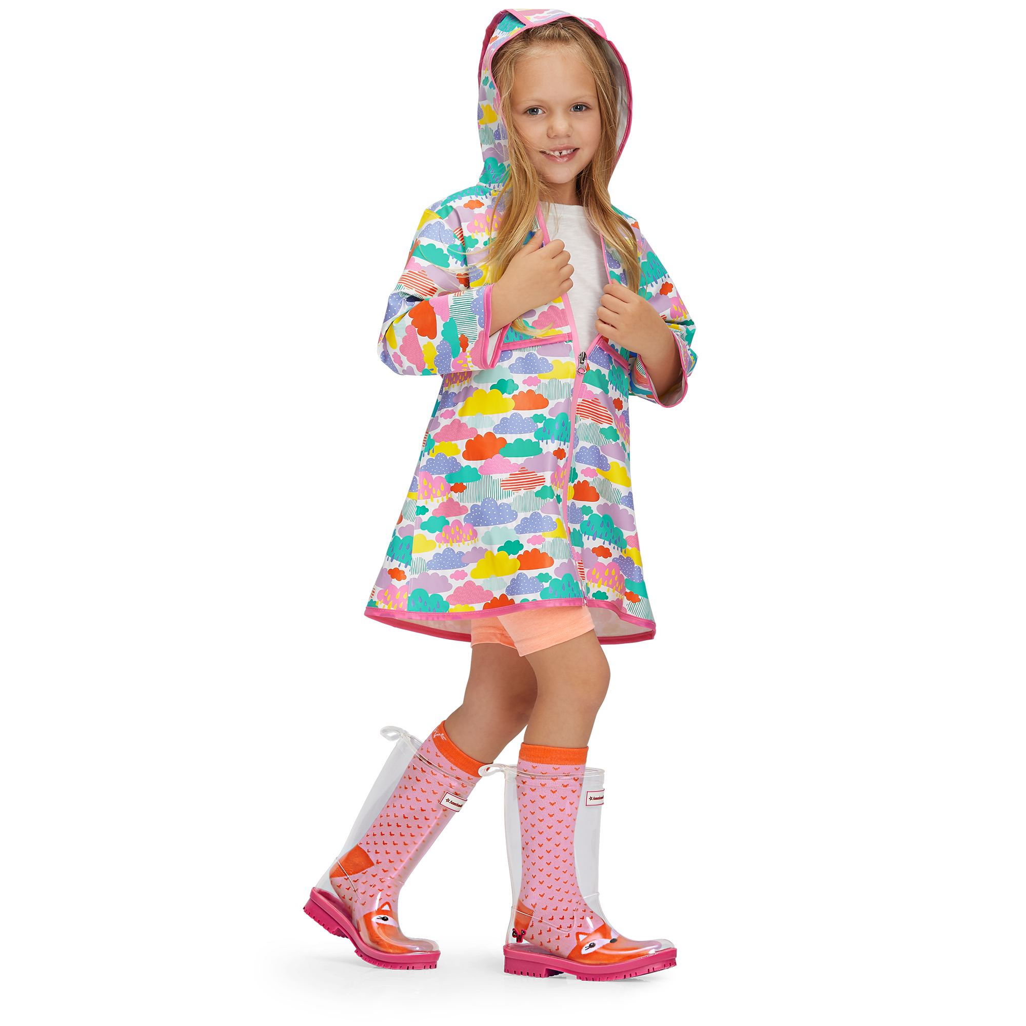 Girls' Waterproof Raincoat with Cloud Print - Zip Front TPU Coat