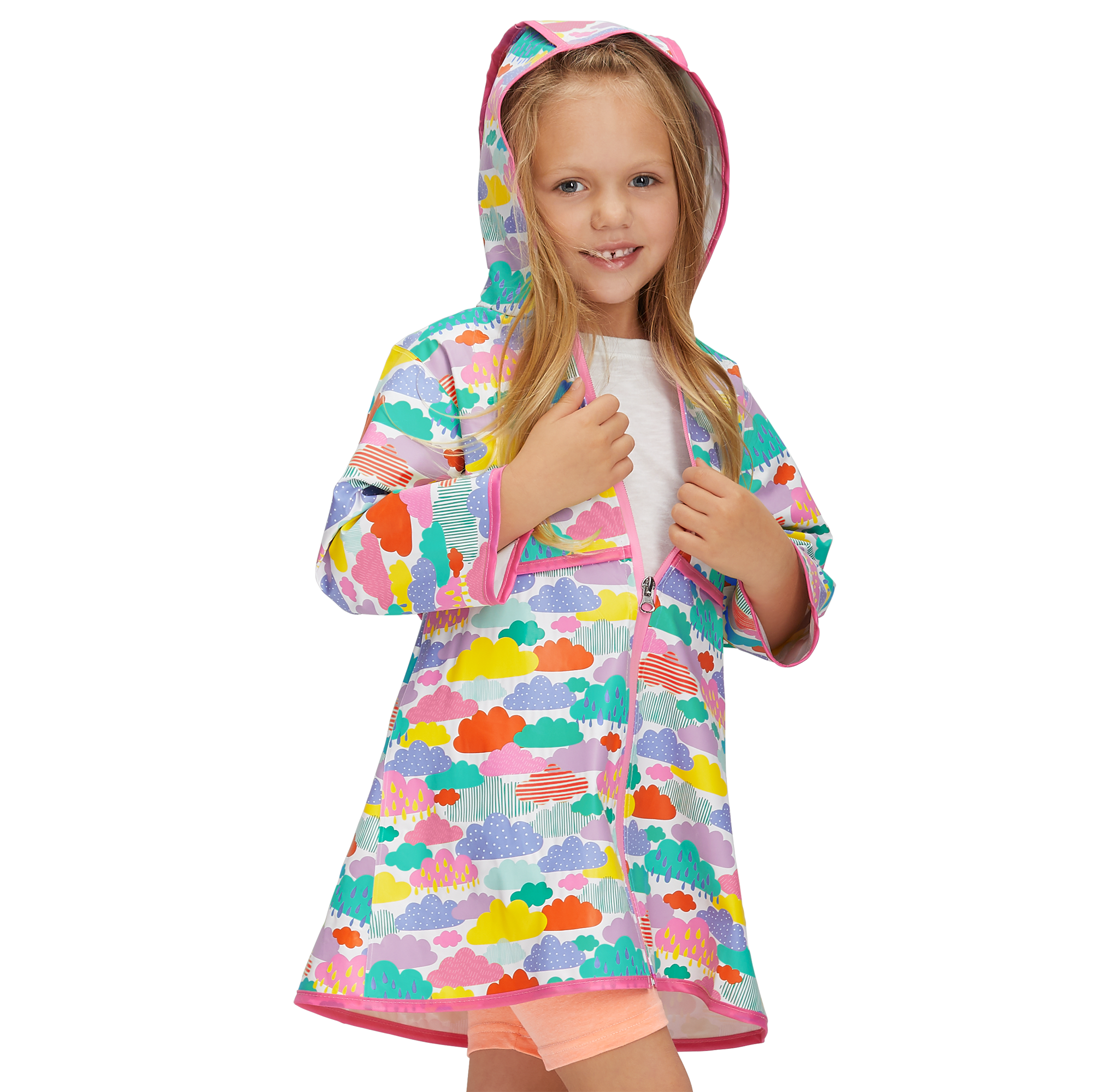 Girls' Waterproof Raincoat with Cloud Print - Zip Front TPU Coat