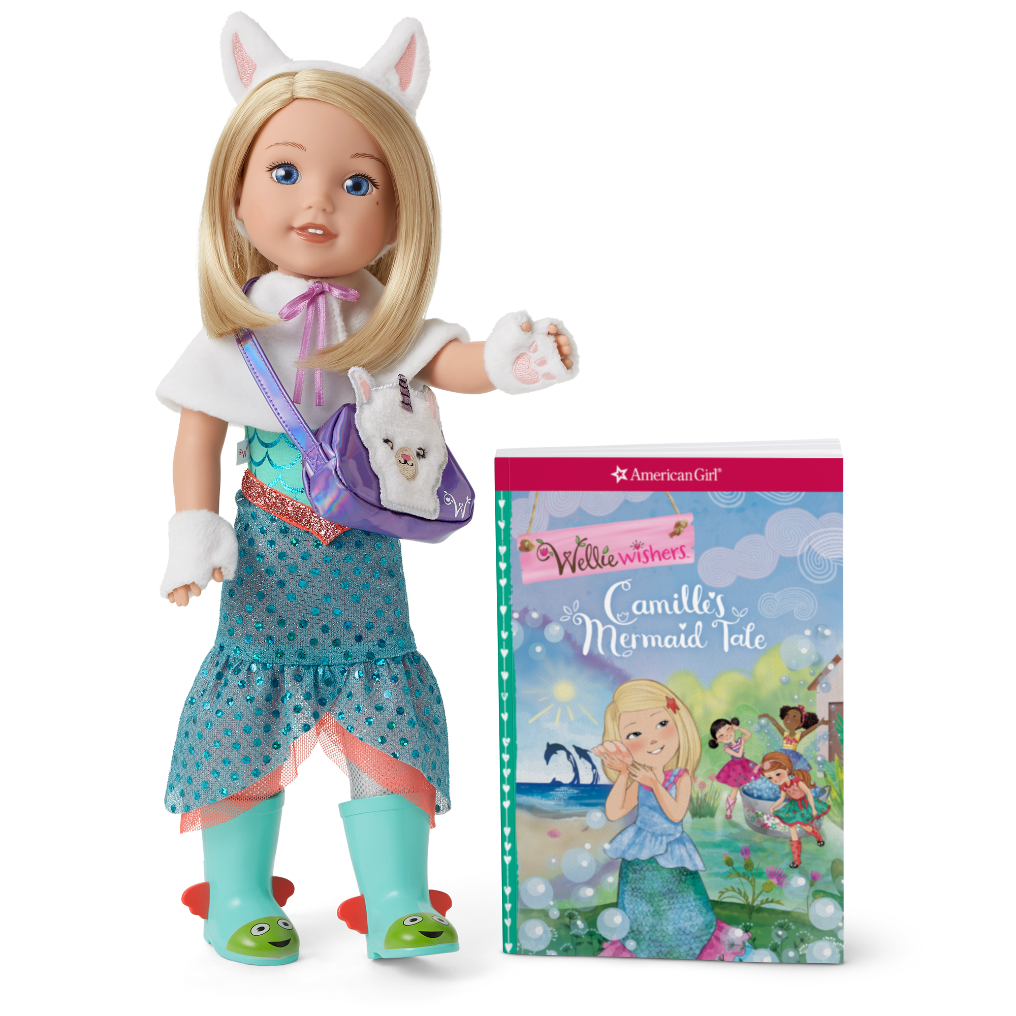 WellieWishers Camille Doll with Mermaid Outfit & Book Set