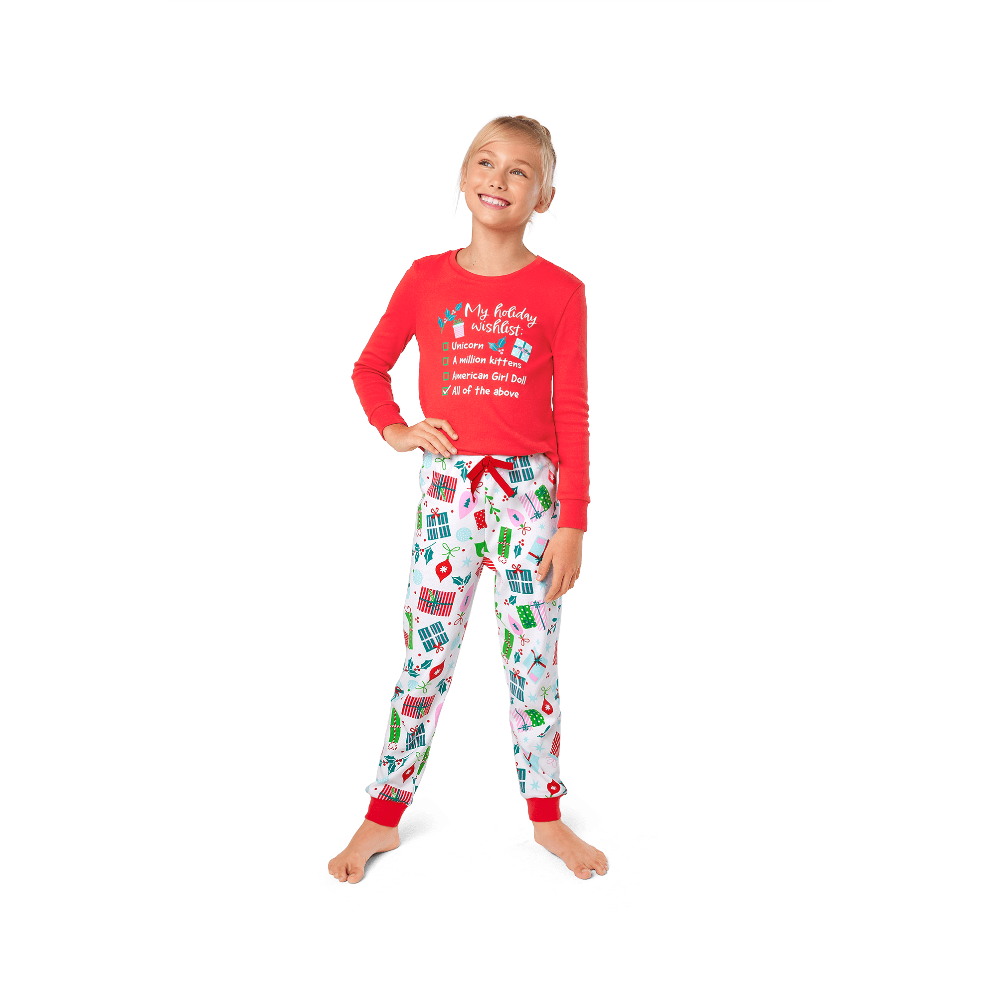 Girls' Holiday Pajama Set - Red & White Christmas PJs with Matching Doll Outfit