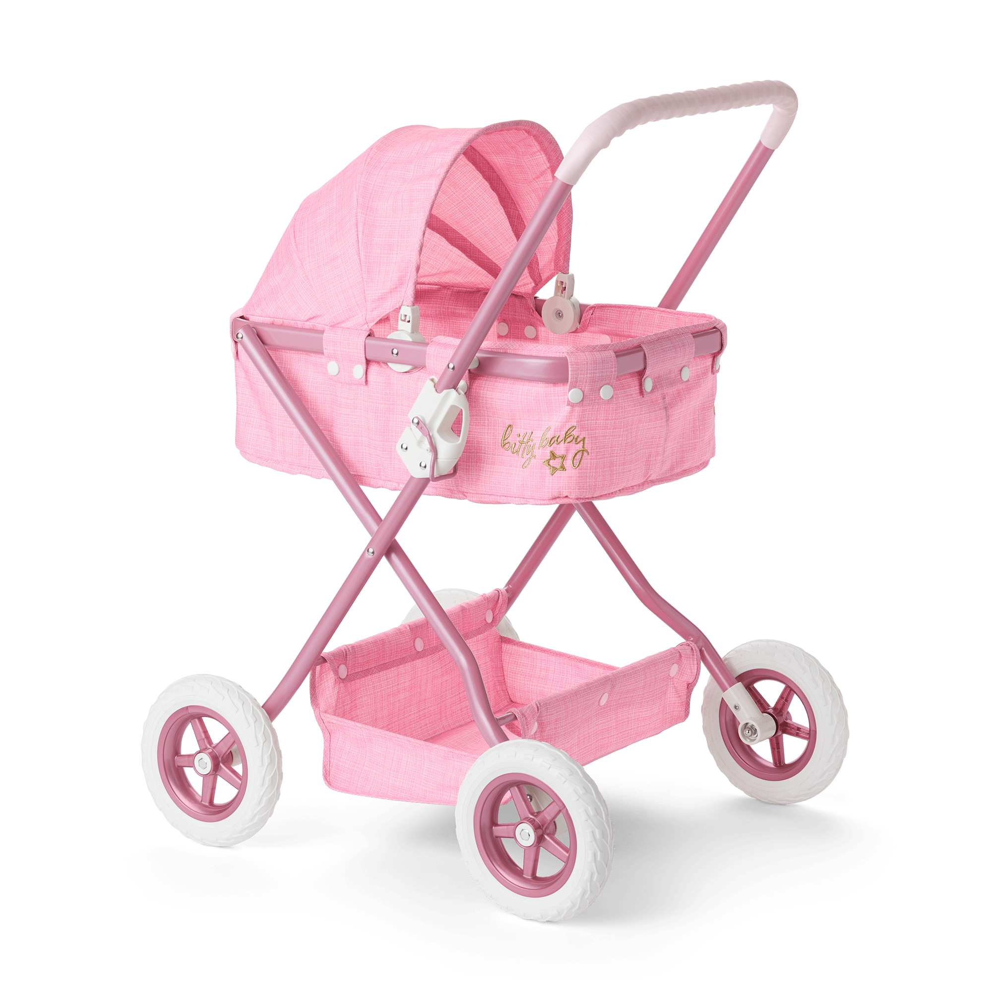 Pink Plush Bassinet Stroller for Baby with Canopy & Storage