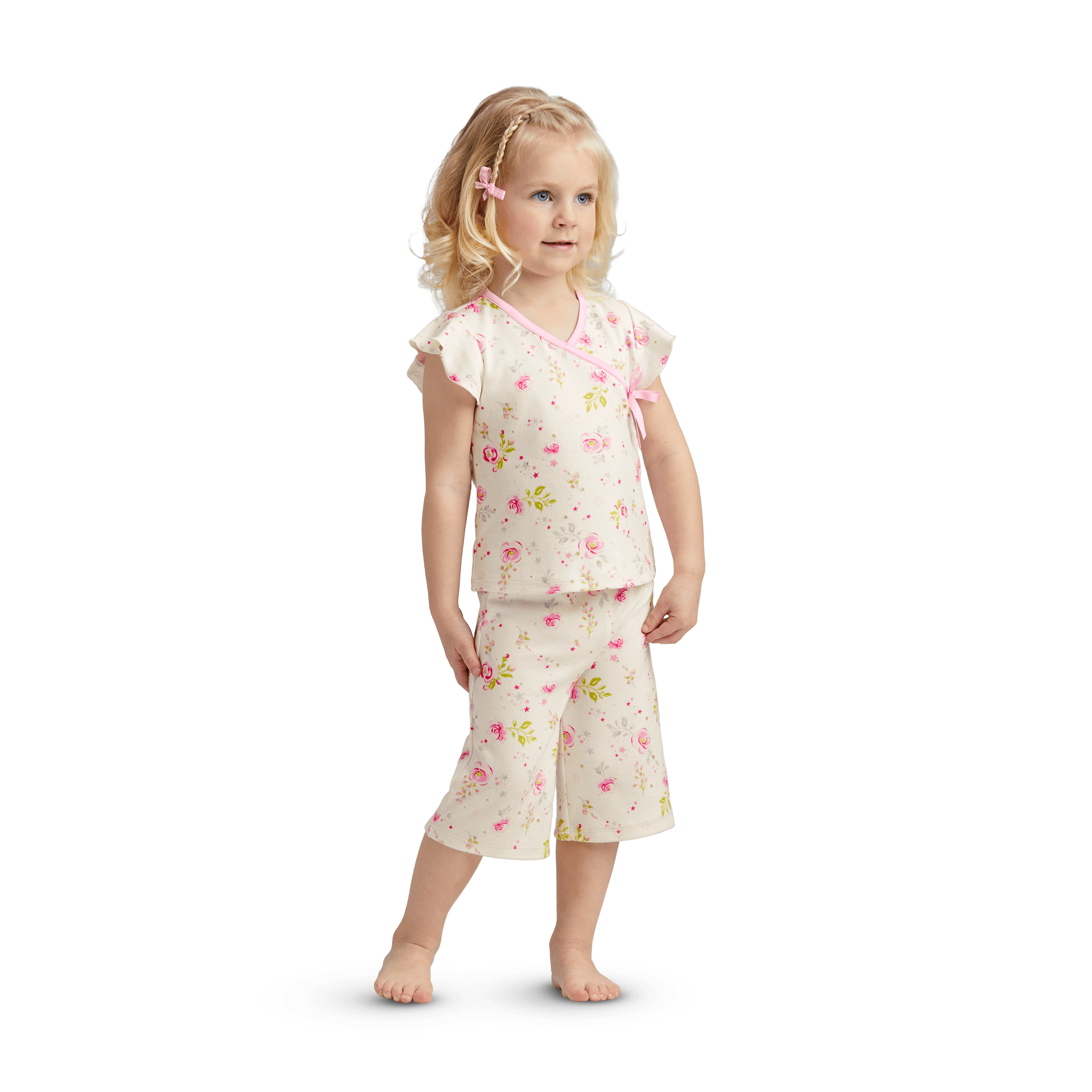 Floral Print Pajama Set for Girls 2T-6 with Satin Bow