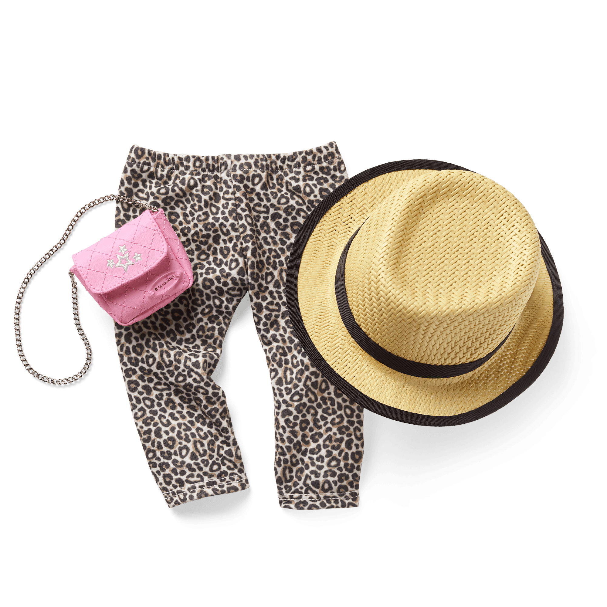 18-Inch Doll Accessories Set - Leopard Leggings, Straw Hat & Pink Purse