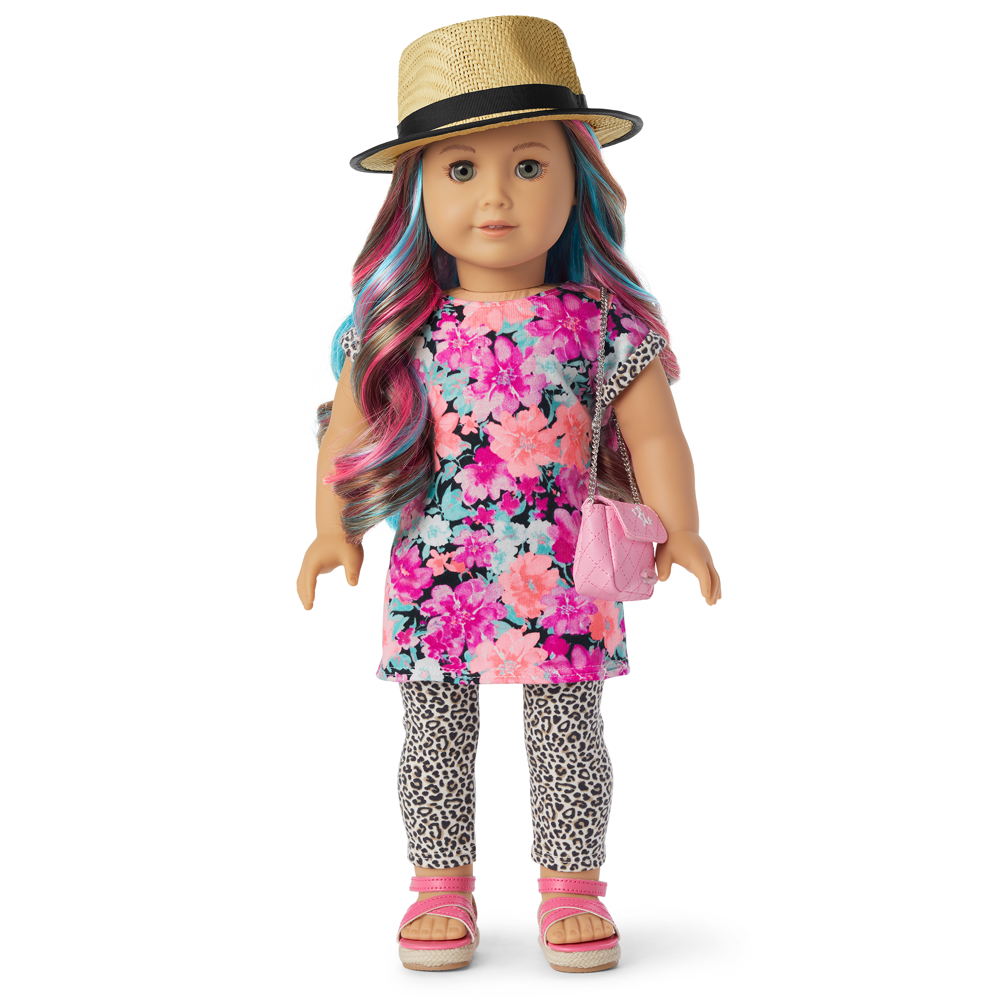 18-Inch Doll Accessories Set - Leopard Leggings, Straw Hat & Pink Purse