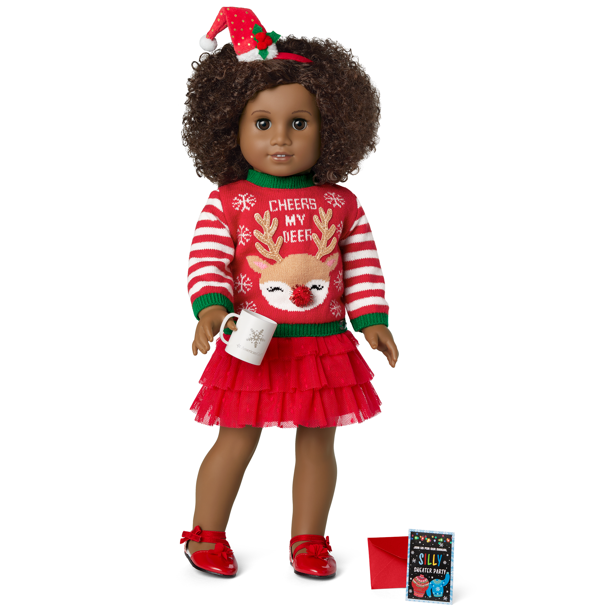 Christmas Sweater for 18-inch Dolls with Santa Hat & Hot Cocoa Mug