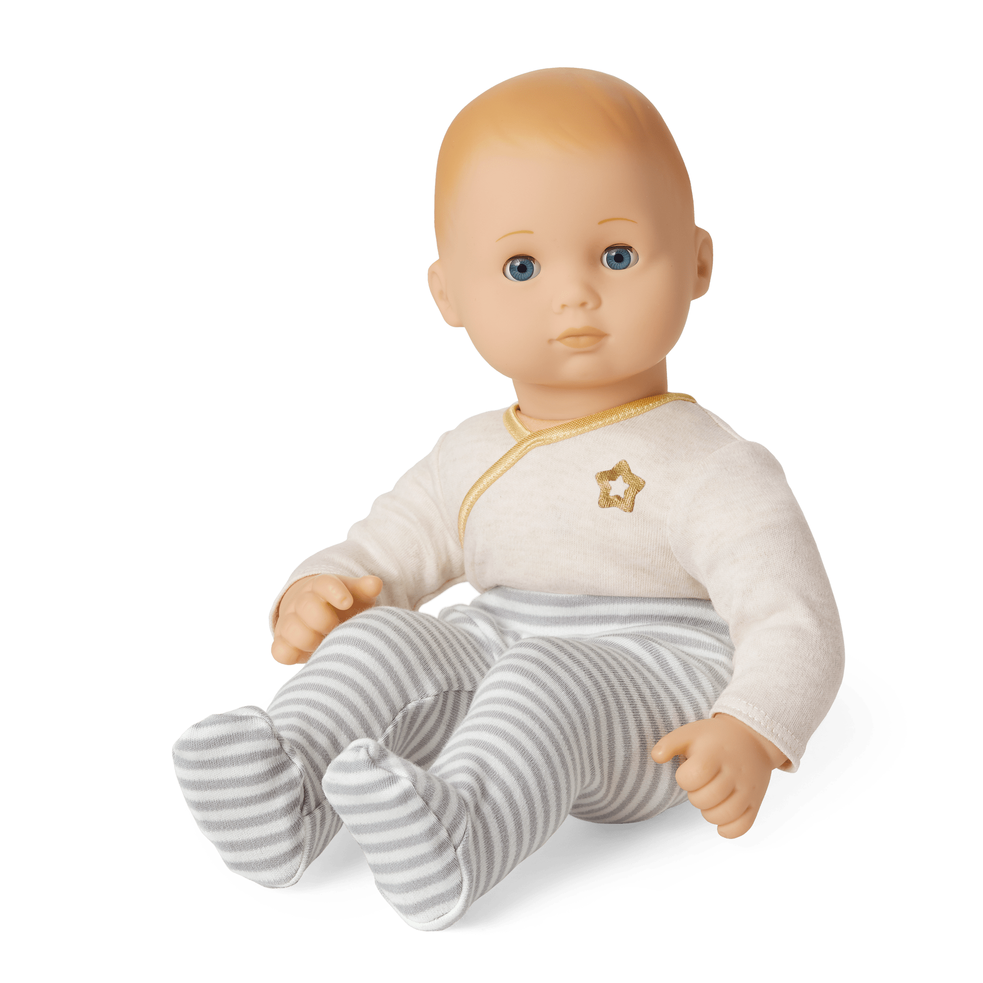 Bitty Baby Blonde Hair Doll with Gray Outfit – 15" Soft Body Baby Doll