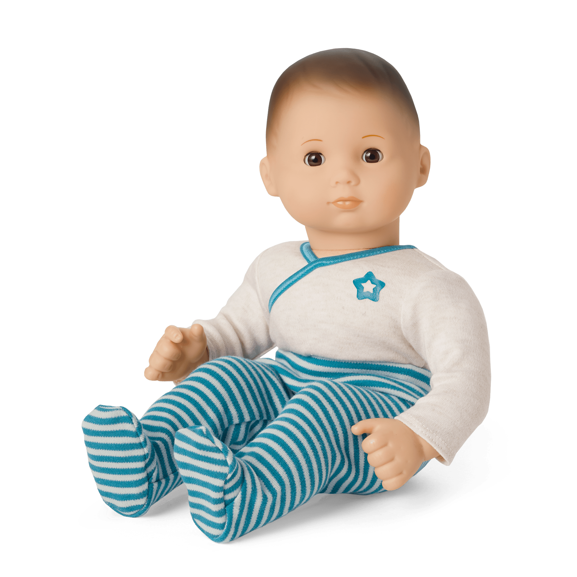 Bitty Baby Doll with Brown Hair in Soft Blue Outfit