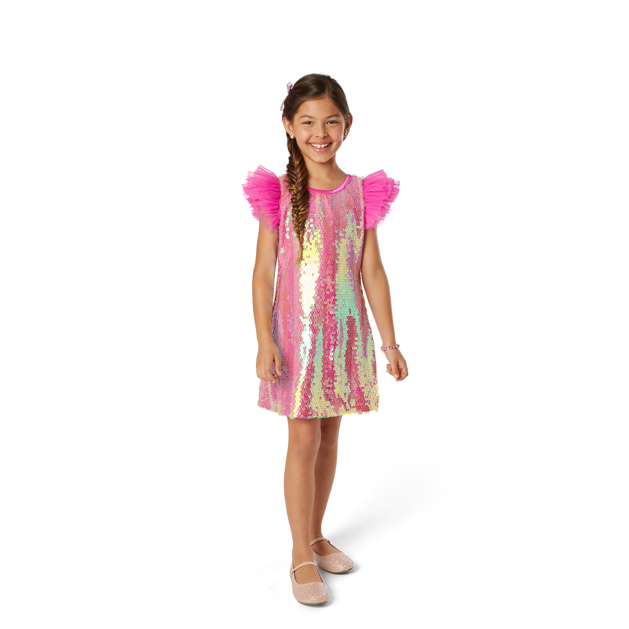 Girls' Sparkly Pink Birthday Party Dress with Ruffled Sleeves