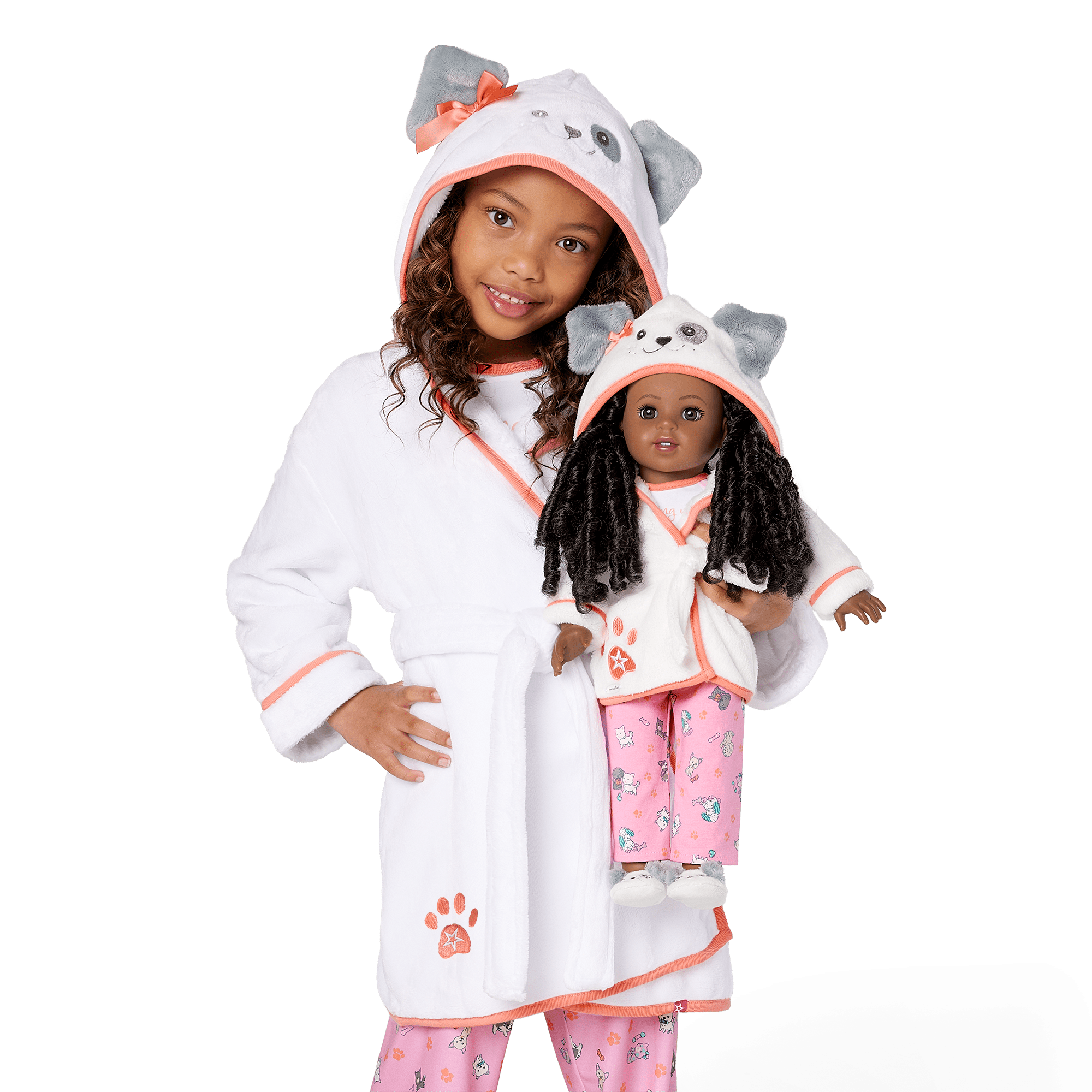 Girls Puppy Robe & Doll Matching Set - Plush Hooded