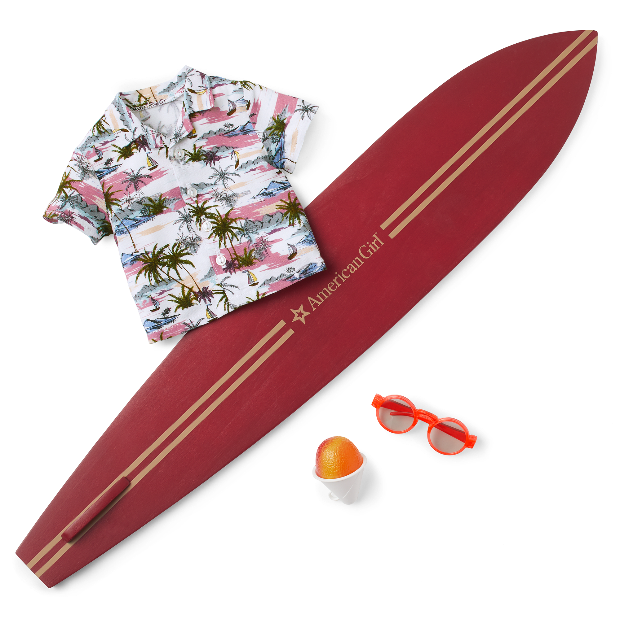 Nanea’s 18-inch Doll Beach Accessories Set with Surfboard & Aloha Shirt