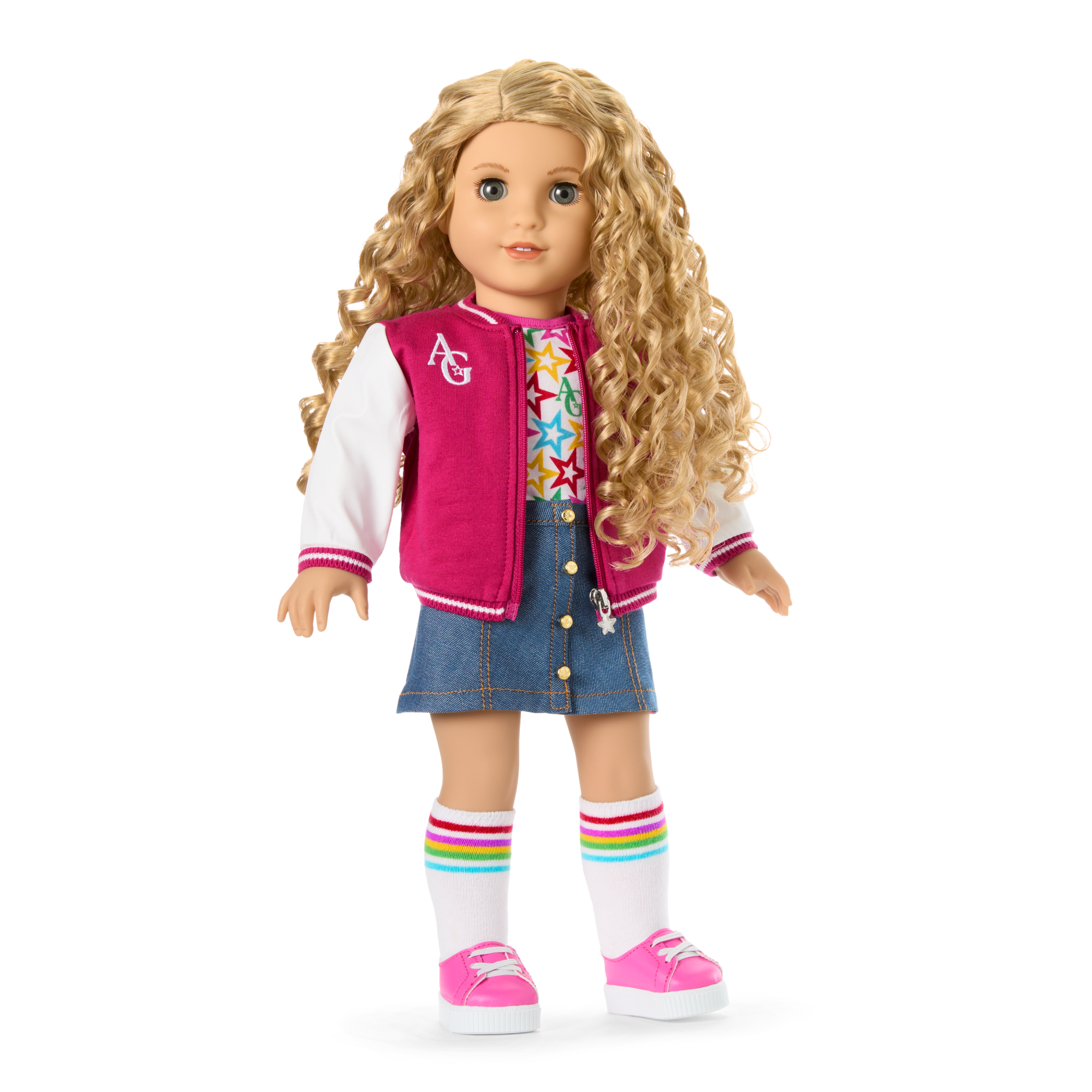 American Girl Truly Me Doll #115 - Blonde Curly Hair, Varsity Jacket Outfit