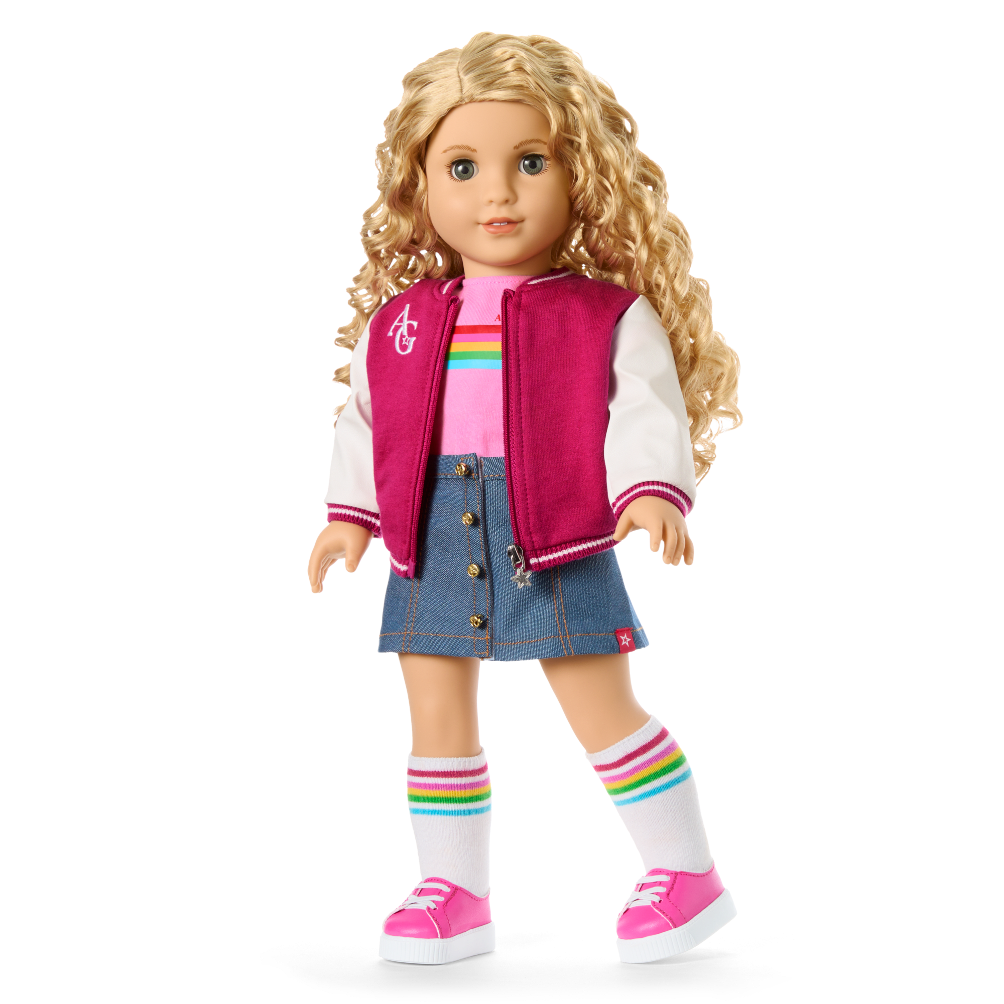 American Girl Truly Me Doll #115 - Blonde Curly Hair, Varsity Jacket Outfit