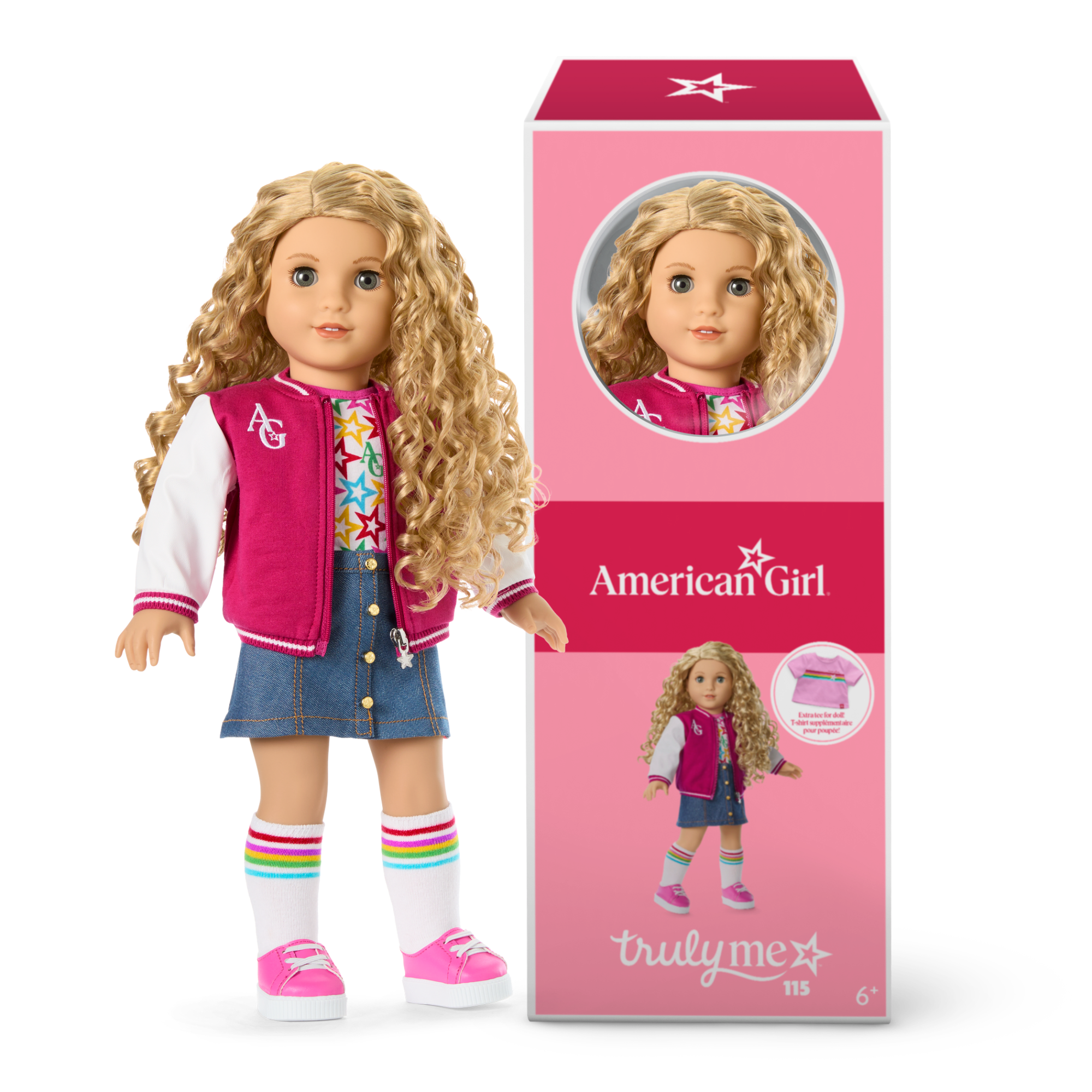 American Girl Truly Me Doll #115 - Blonde Curly Hair, Varsity Jacket Outfit