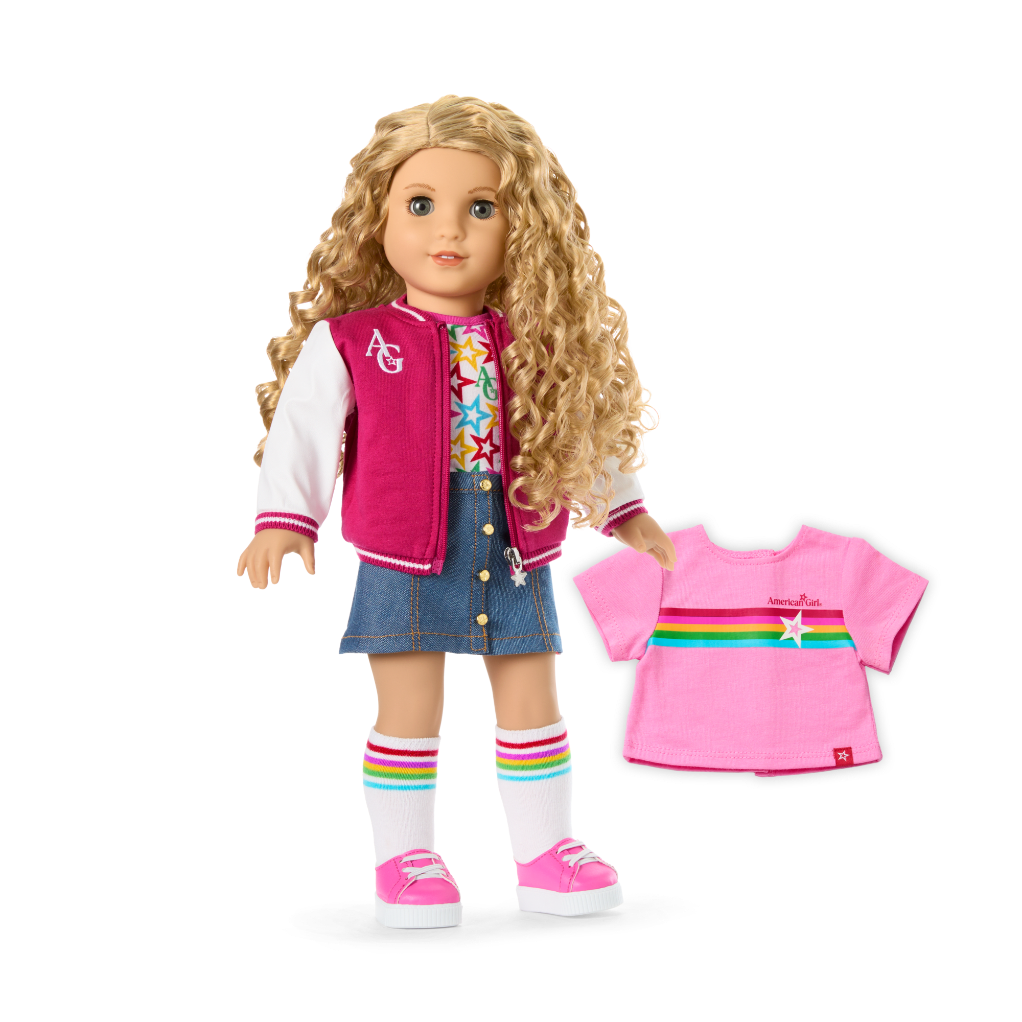 American Girl Truly Me Doll #115 - Blonde Curly Hair, Varsity Jacket Outfit