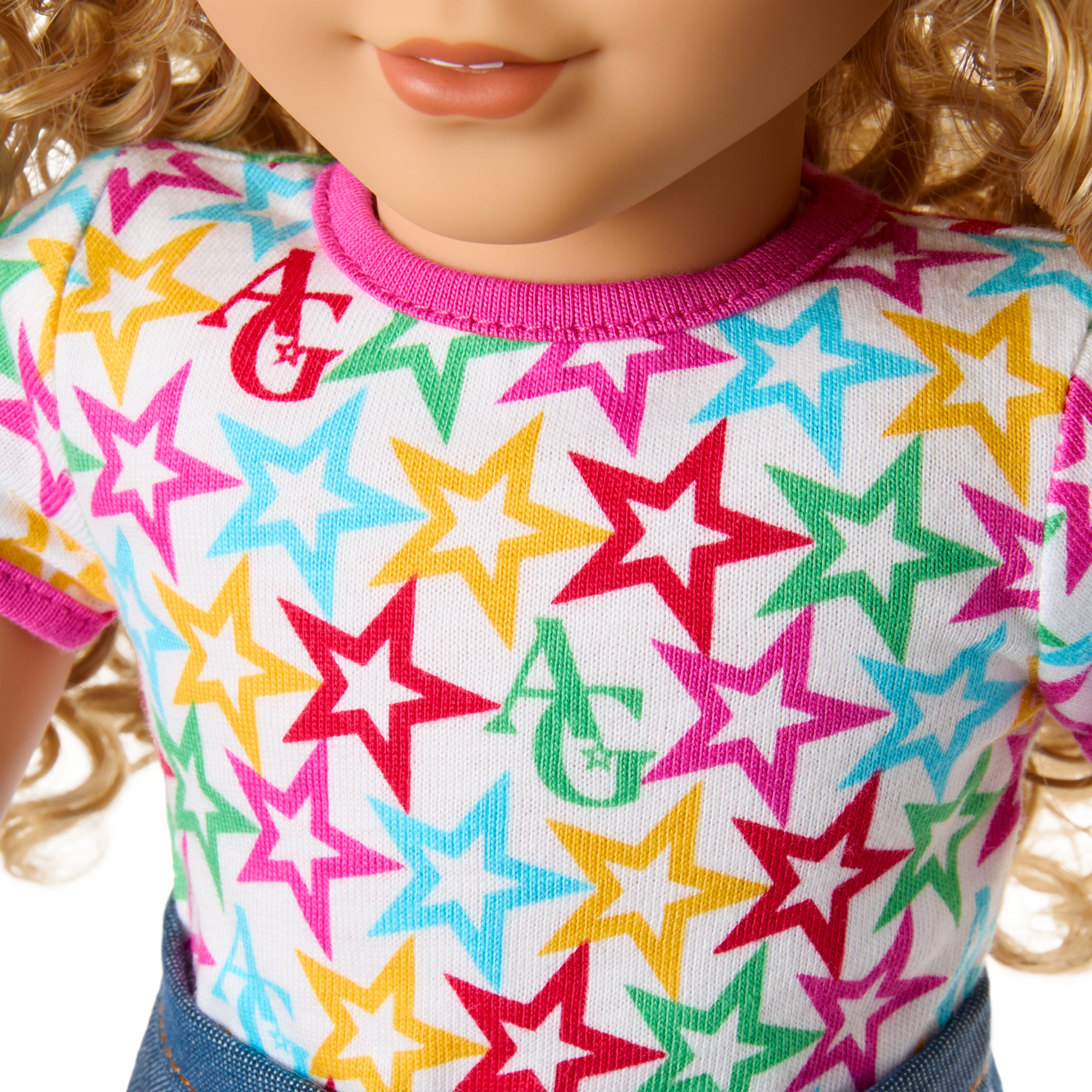 American Girl Truly Me Doll #115 - Blonde Curly Hair, Varsity Jacket Outfit