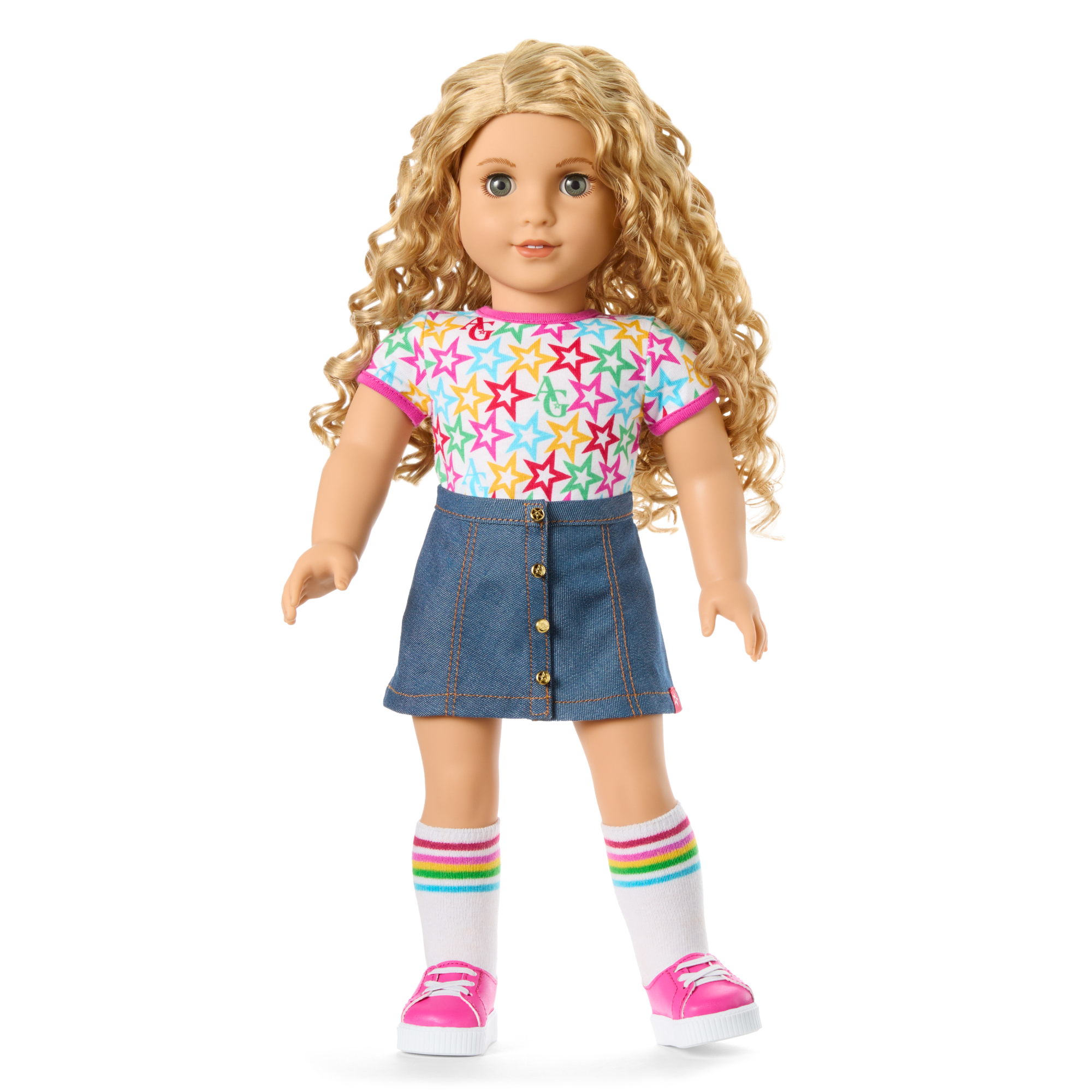 American Girl Truly Me Doll #115 - Blonde Curly Hair, Varsity Jacket Outfit