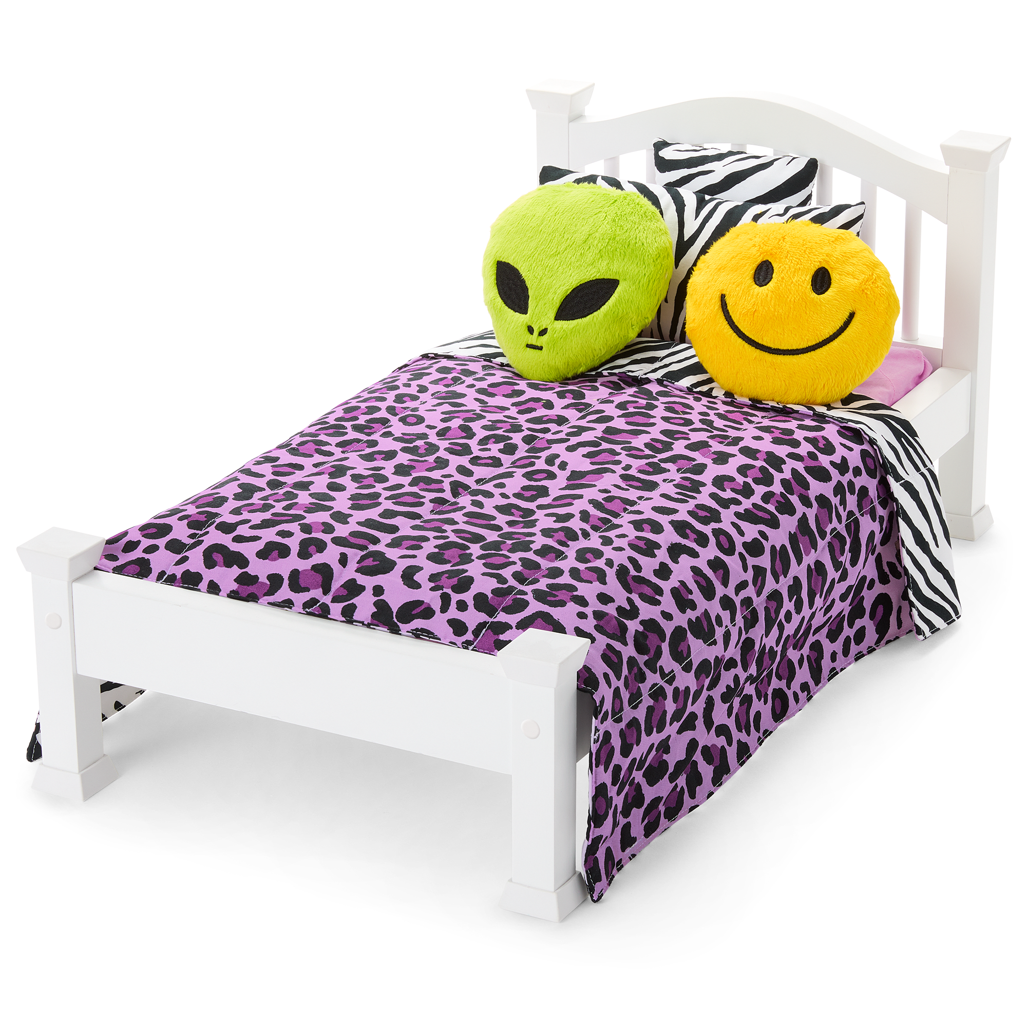 Nicki’s 18-inch Doll Bedding Set with Animal Print & Purple Leopard Design