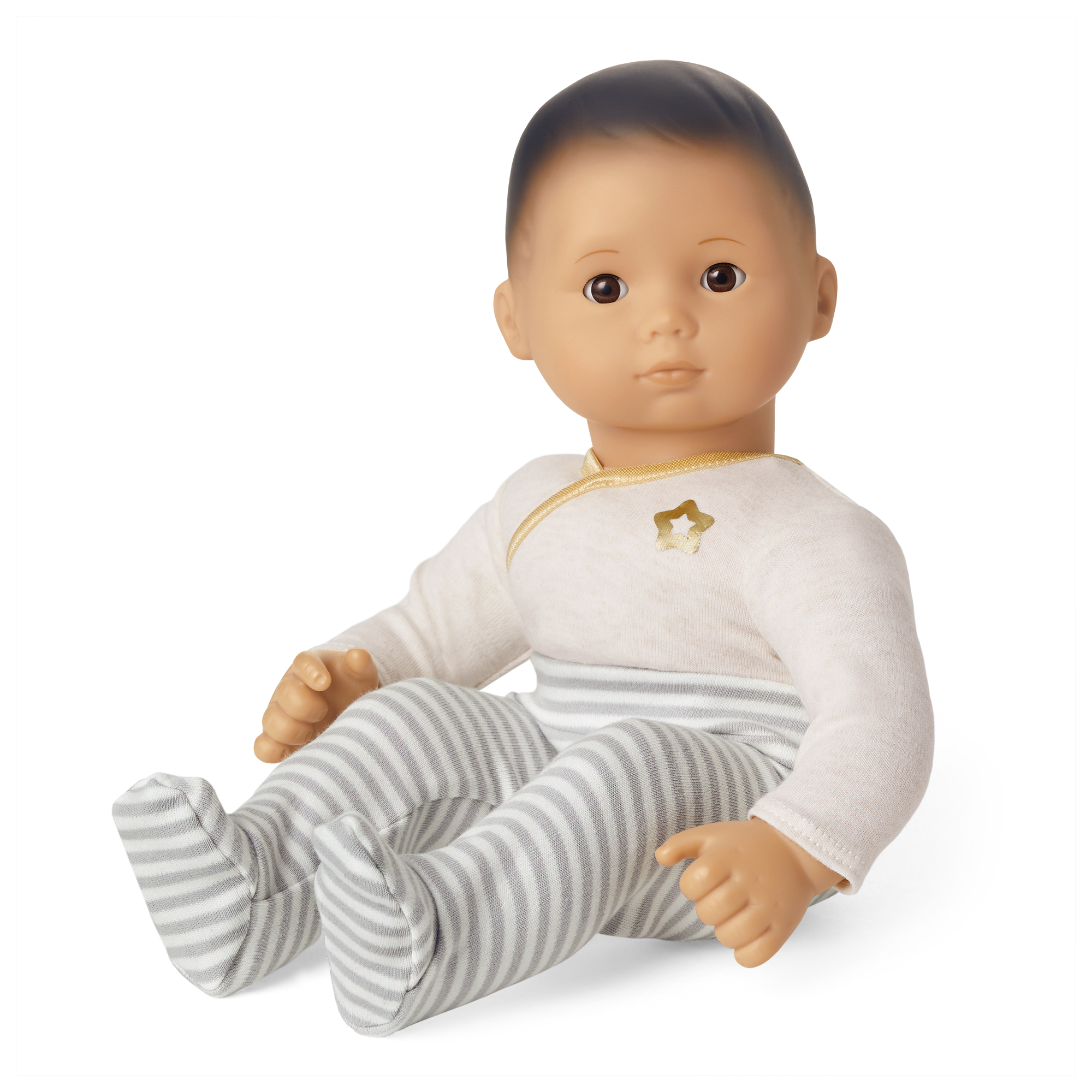 Bitty Baby Doll with Black Hair & Gray Outfit - 15" Cuddly Vinyl Doll