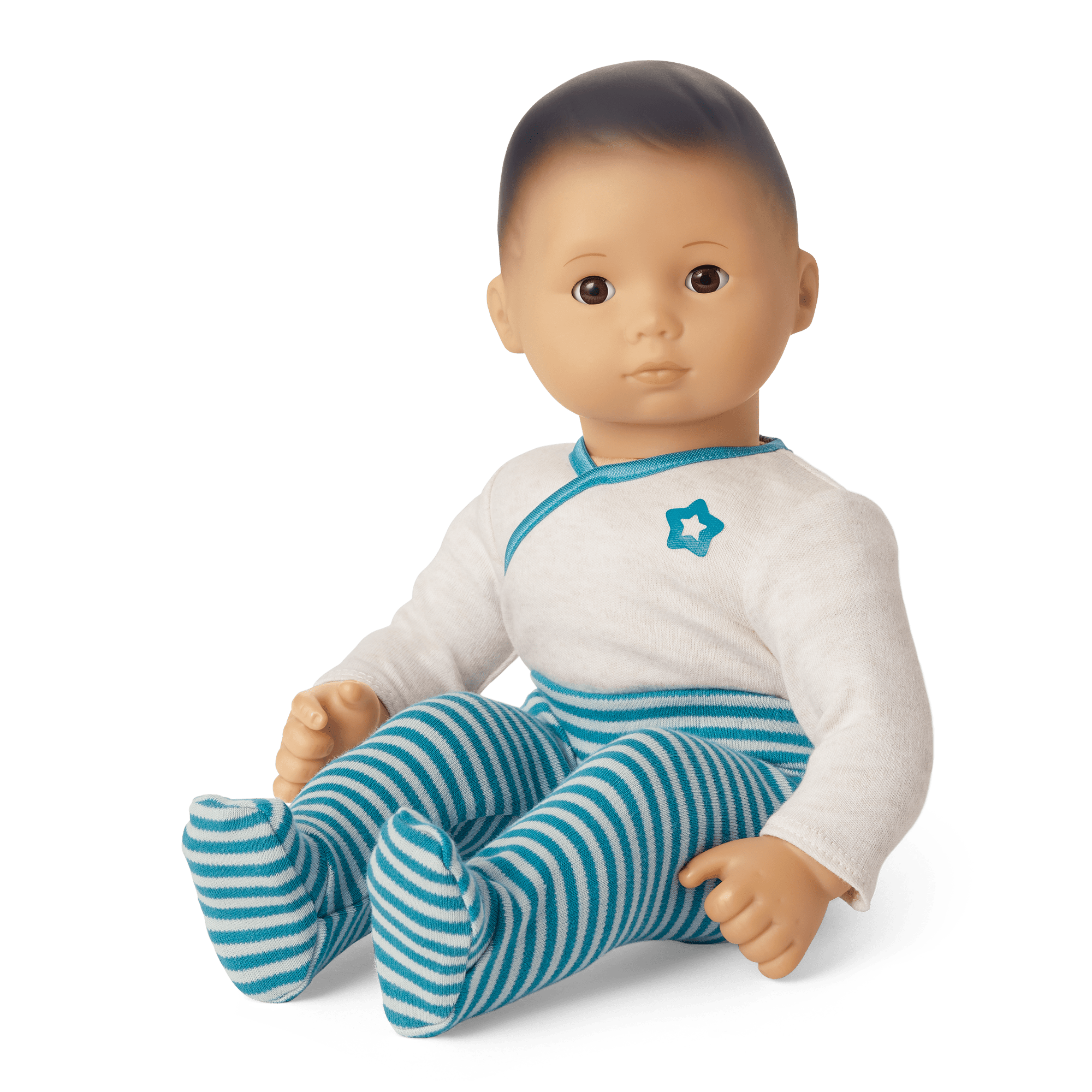 Bitty Baby Doll with Black Hair in Soft Blue Outfit