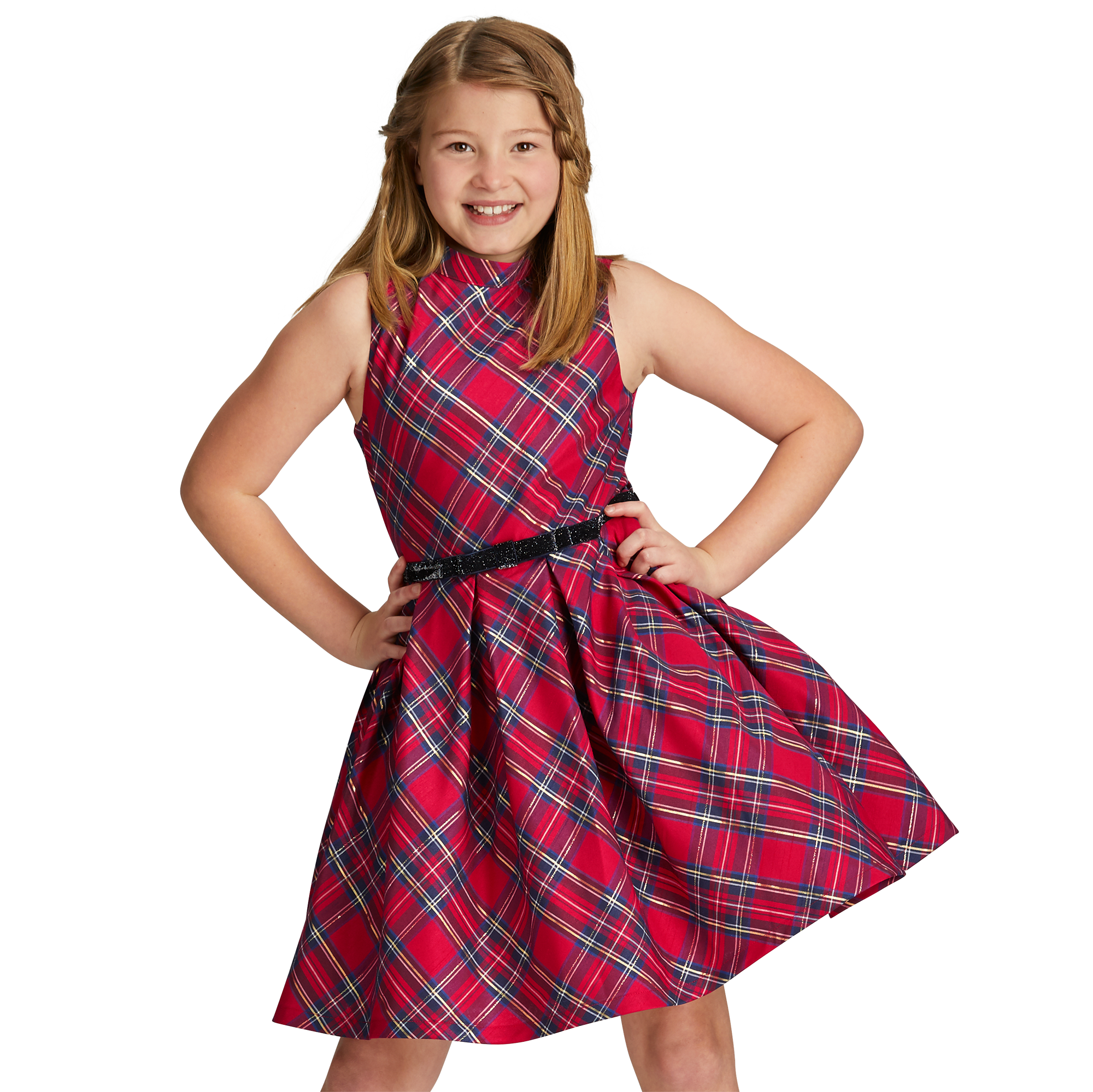 Girls' Plaid Christmas Party Dress with Velvet Ribbon